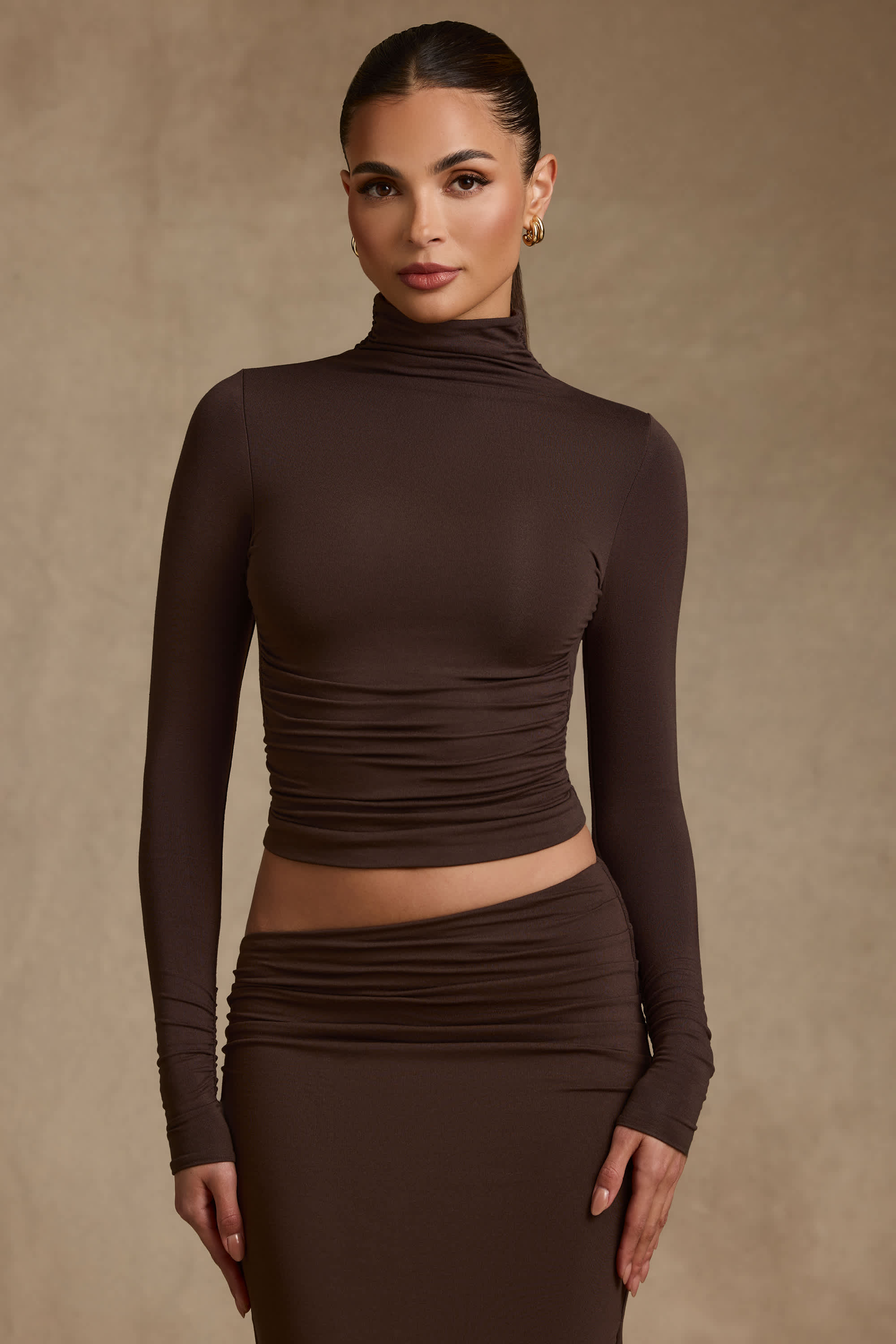 Auri-Modal Ruched Backless Turtleneck Top in Chocolate Brown