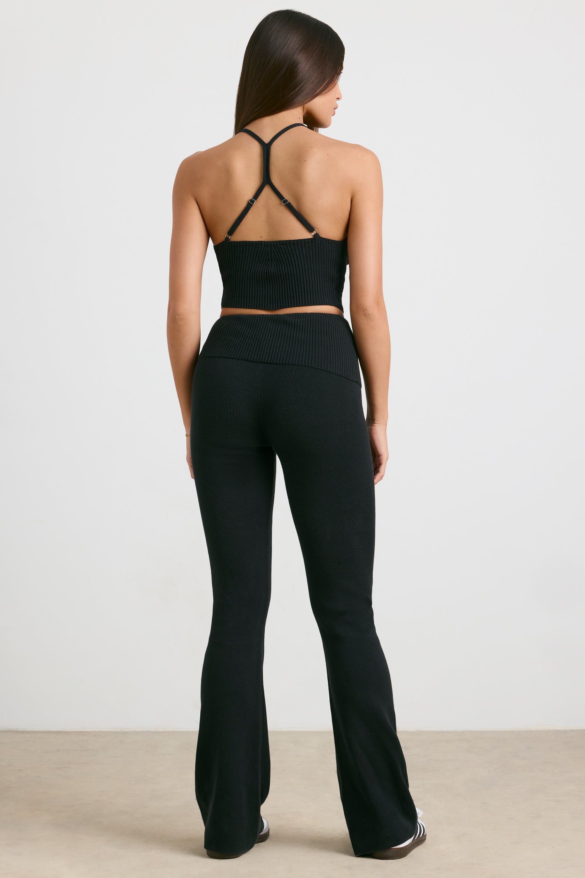 Fold Over Kick Flare Chunky Knit Trousers in Black