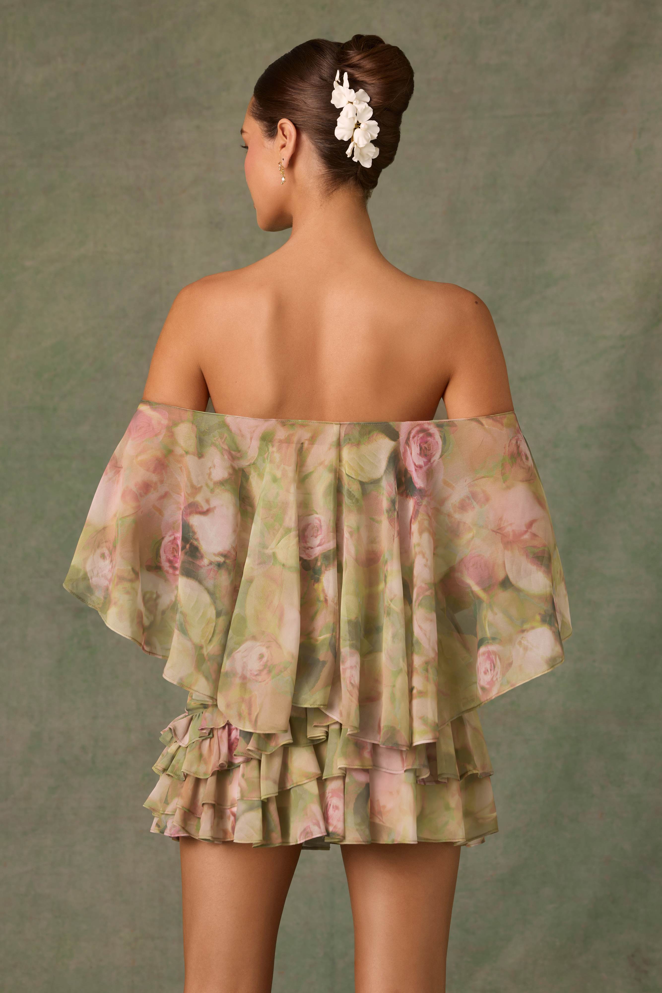 Birdie-Off-Shoulder Ruffled Mini Dress in Floral Multi Print
