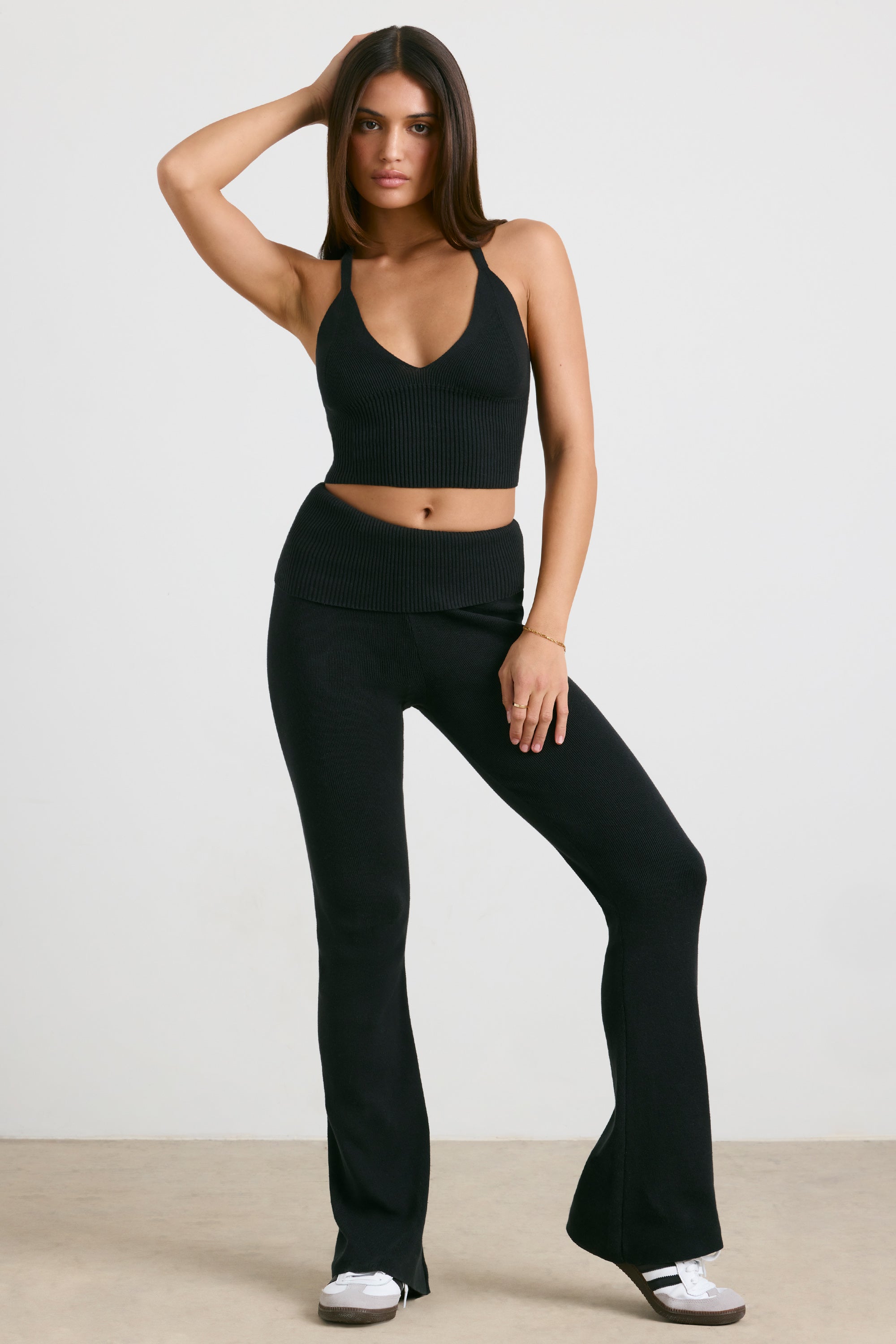 Fold Over Kick Flare Chunky Knit Trousers in Black