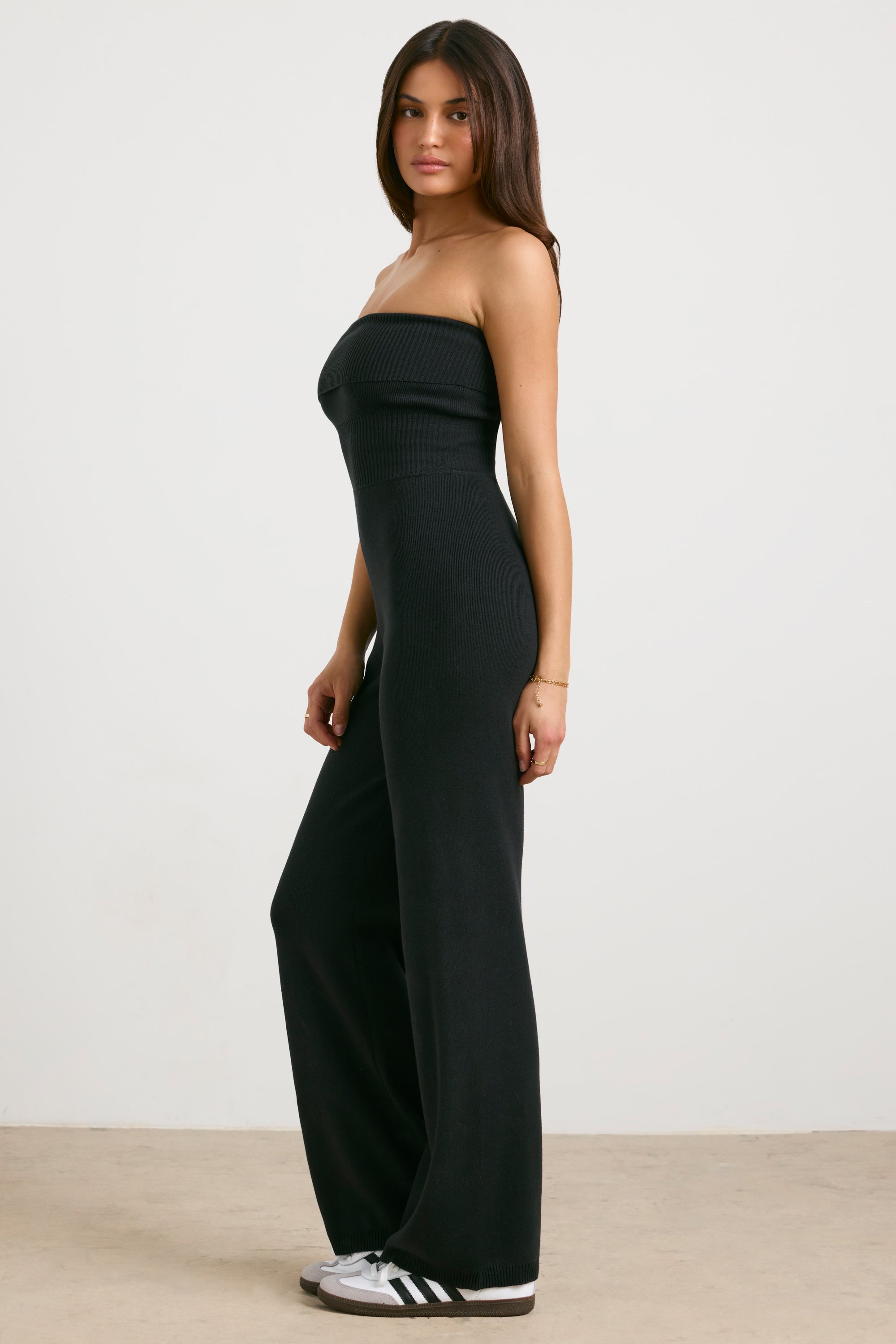 Chunky Knit Kick Flare Jumpsuit in Black