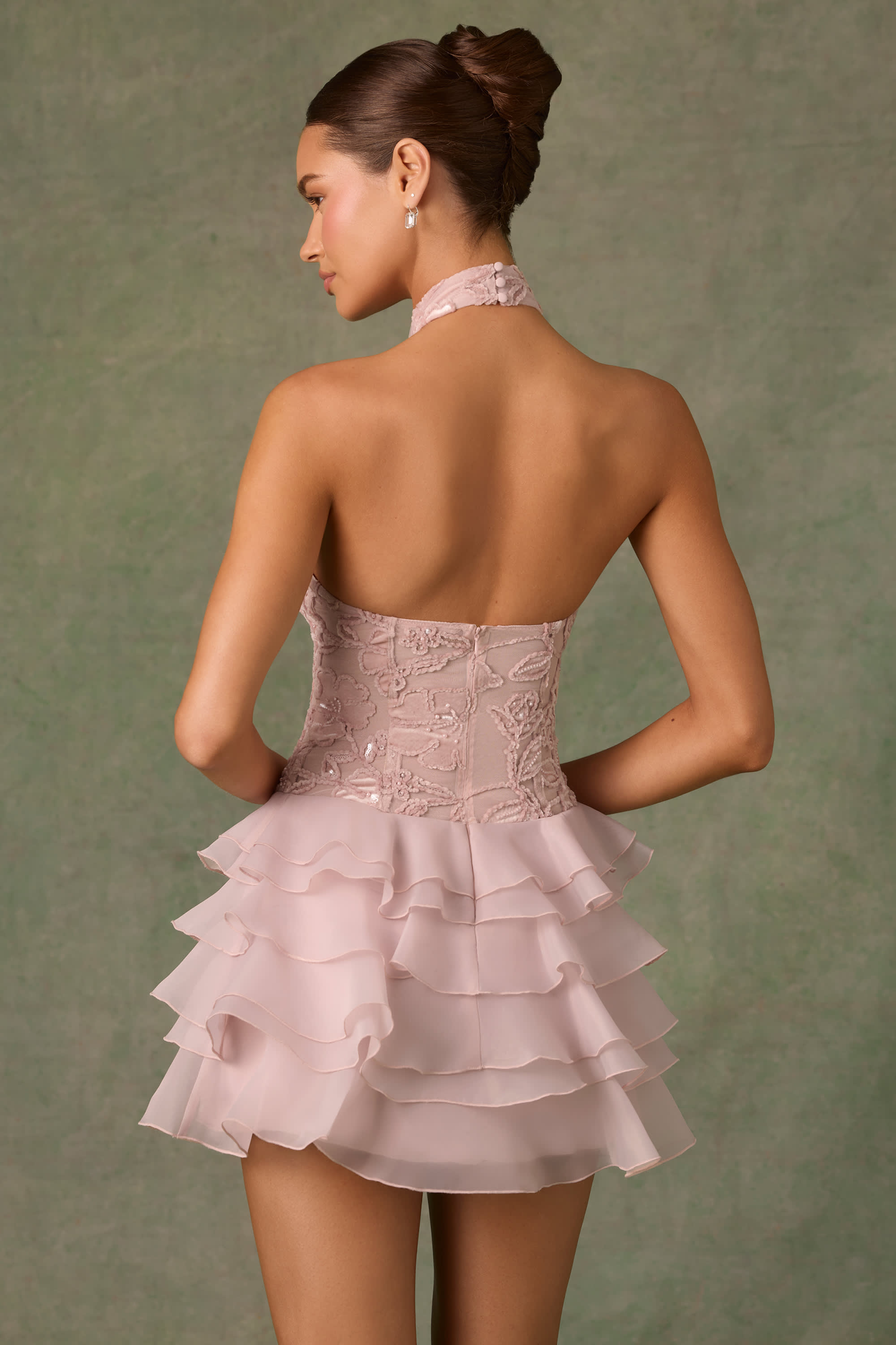 Petalia-Embellished Ruffled Halterneck Mini Dress in Dusty Rose