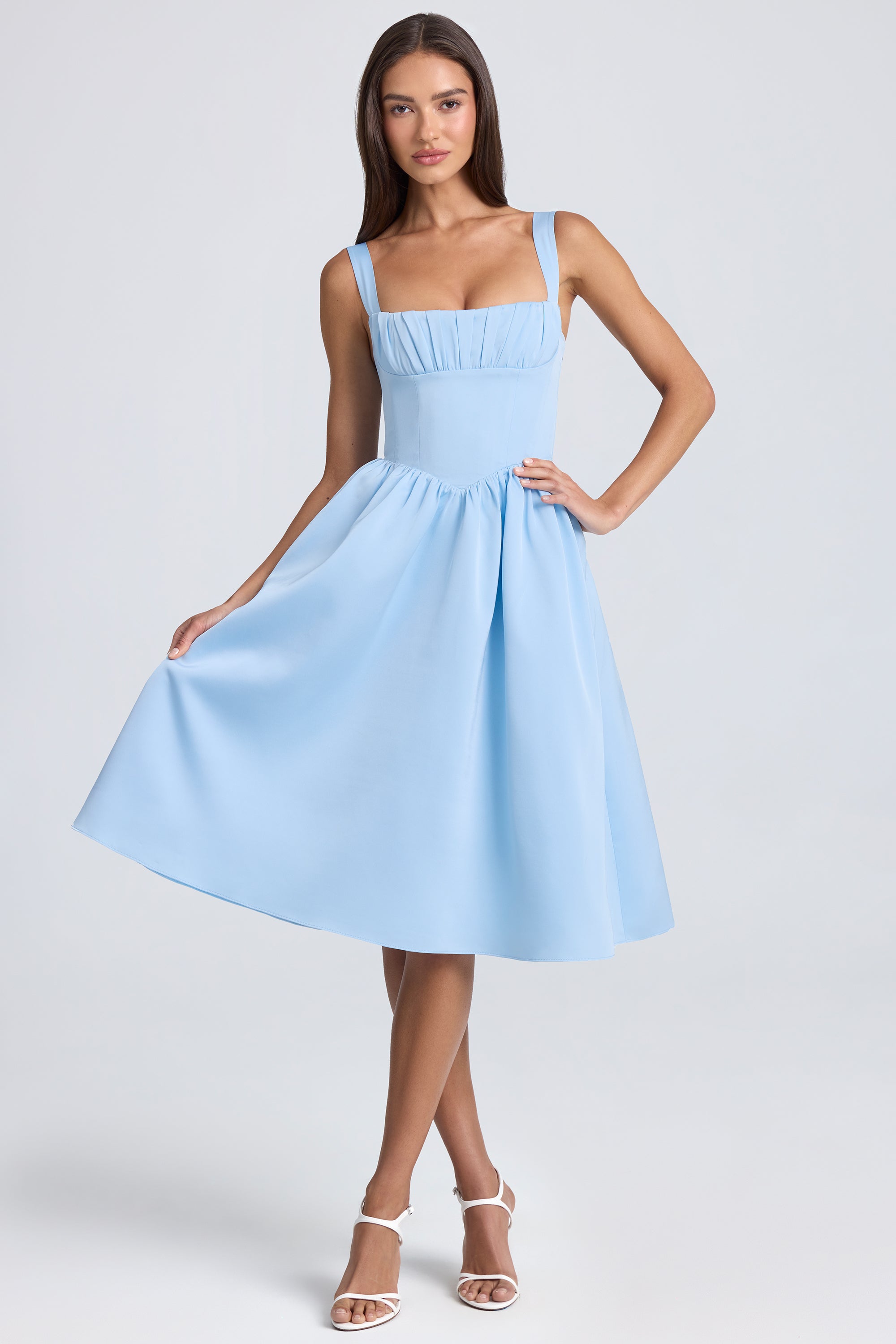 Marguerite-Draped Corset Midaxi Dress in Powder Blue