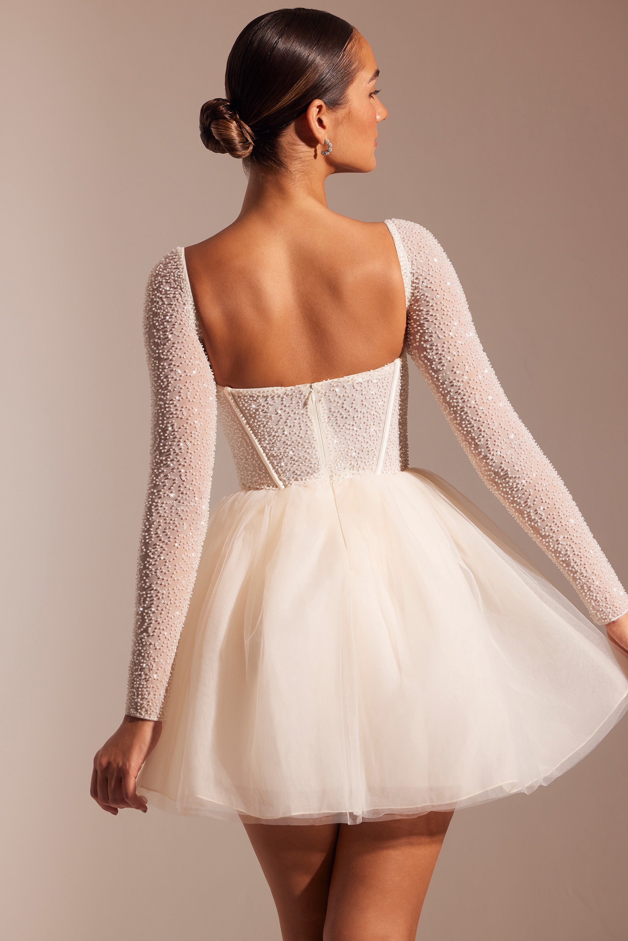 Calliope-Embellished Long Sleeve Tulle Skirt Mini Dress in Ivory