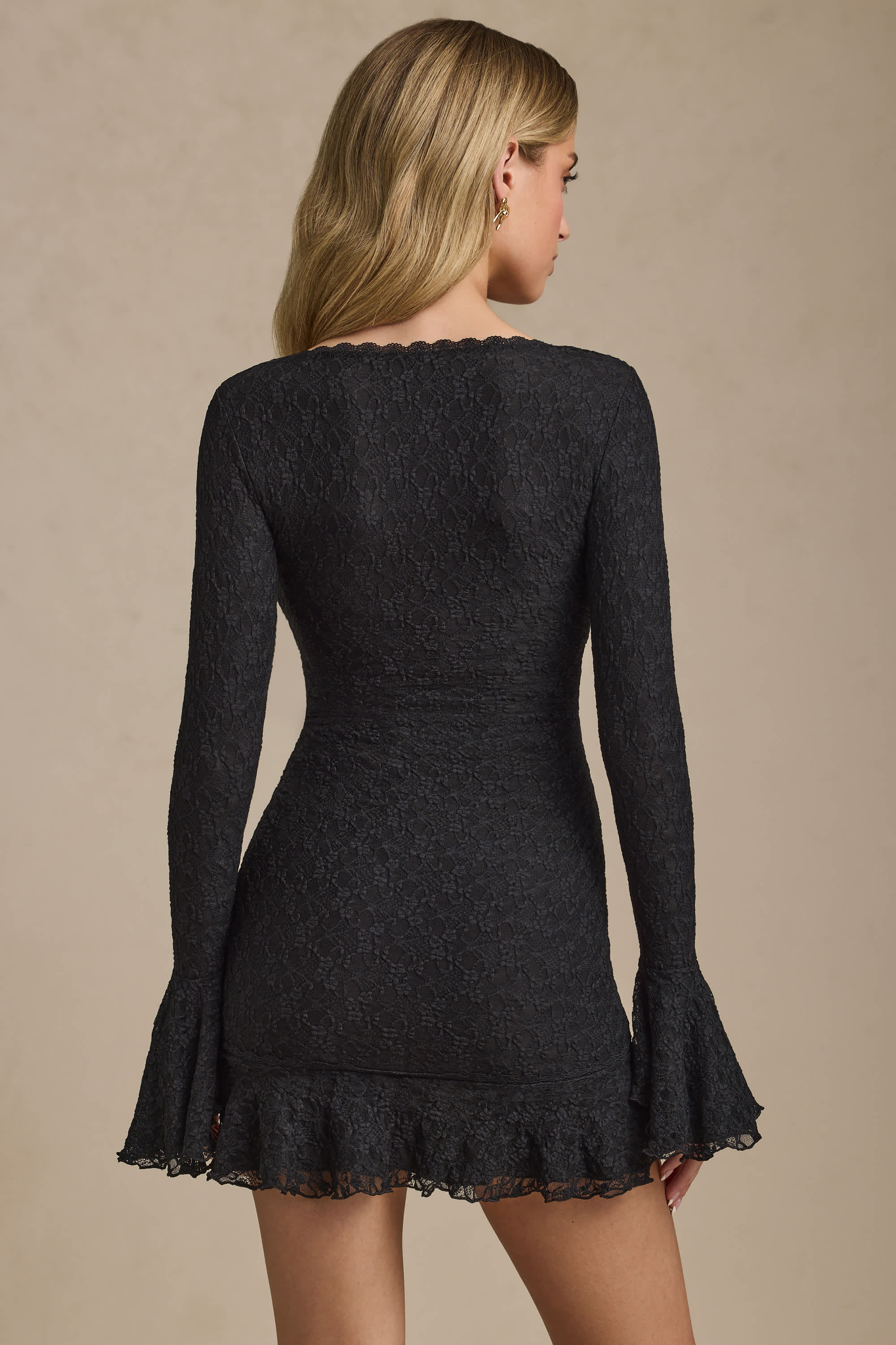 Nara-Long-Sleeve Ruffled Lace Mini Dress in Black