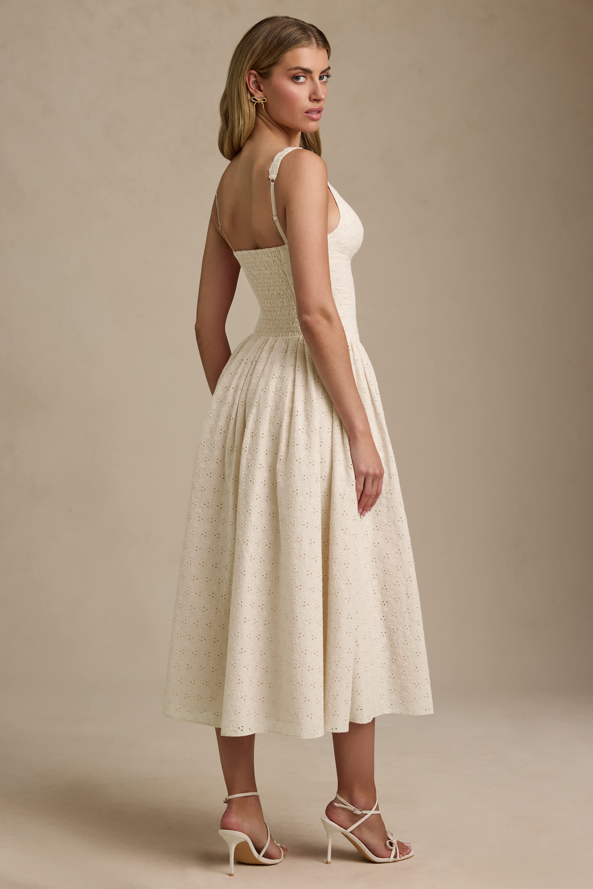 Saidey-Broderie Anglaise Bow-Detail A-Line Midaxi Dress in Ivory