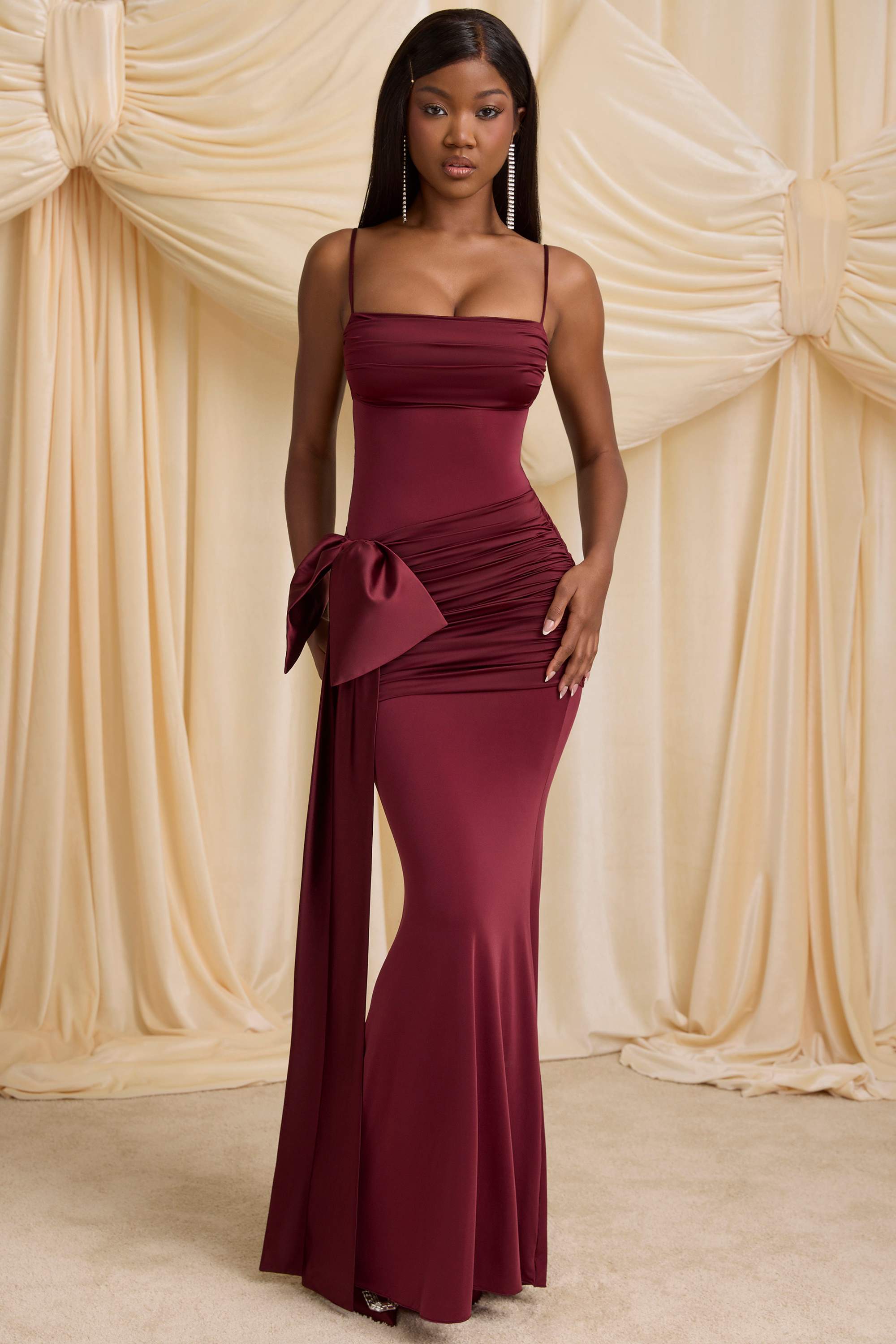 Laurelina-Bow-Detail Ruched Maxi Dress in Wine Red
