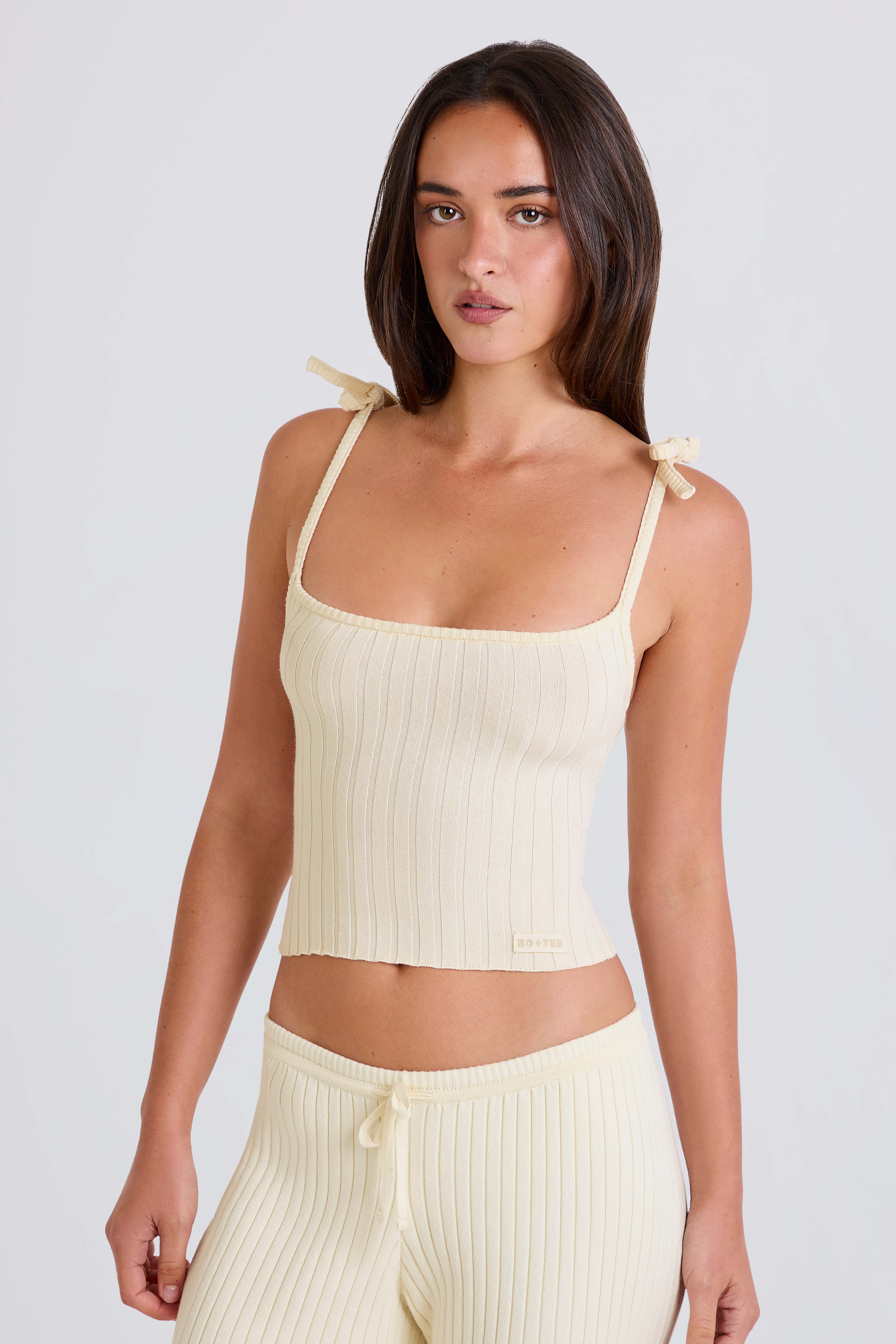Ribbed Knit Tie Tank Top in Cream