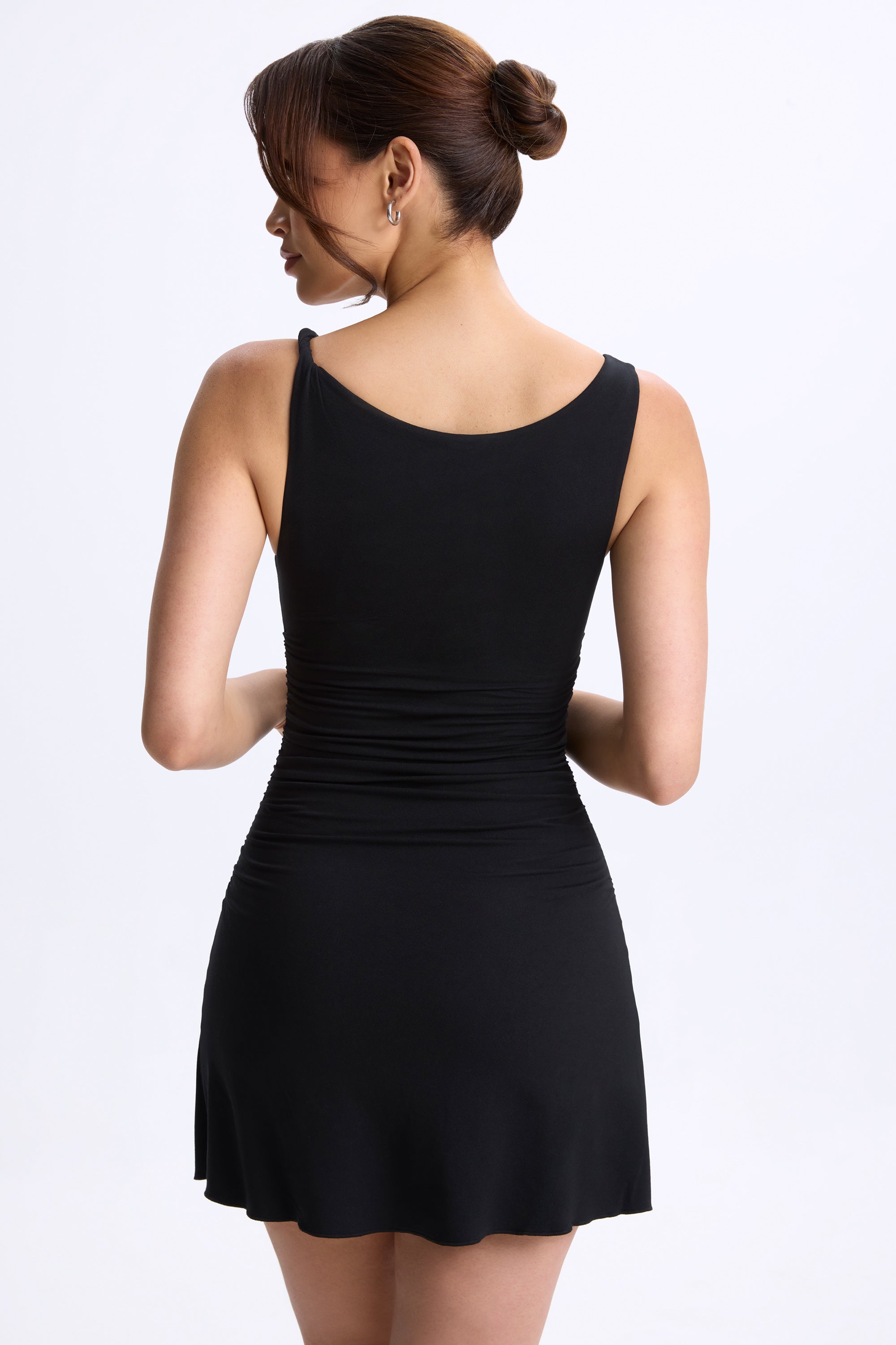 Ione-Ruched A-Line Micro Mini Dress in Black