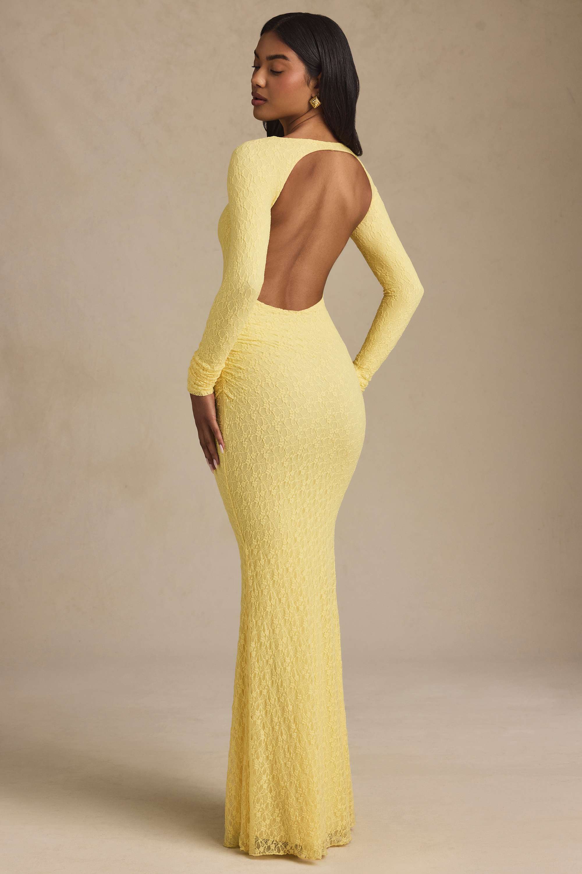 Tarini-Ruched Backless Lace Maxi Dress in Pastel Yellow