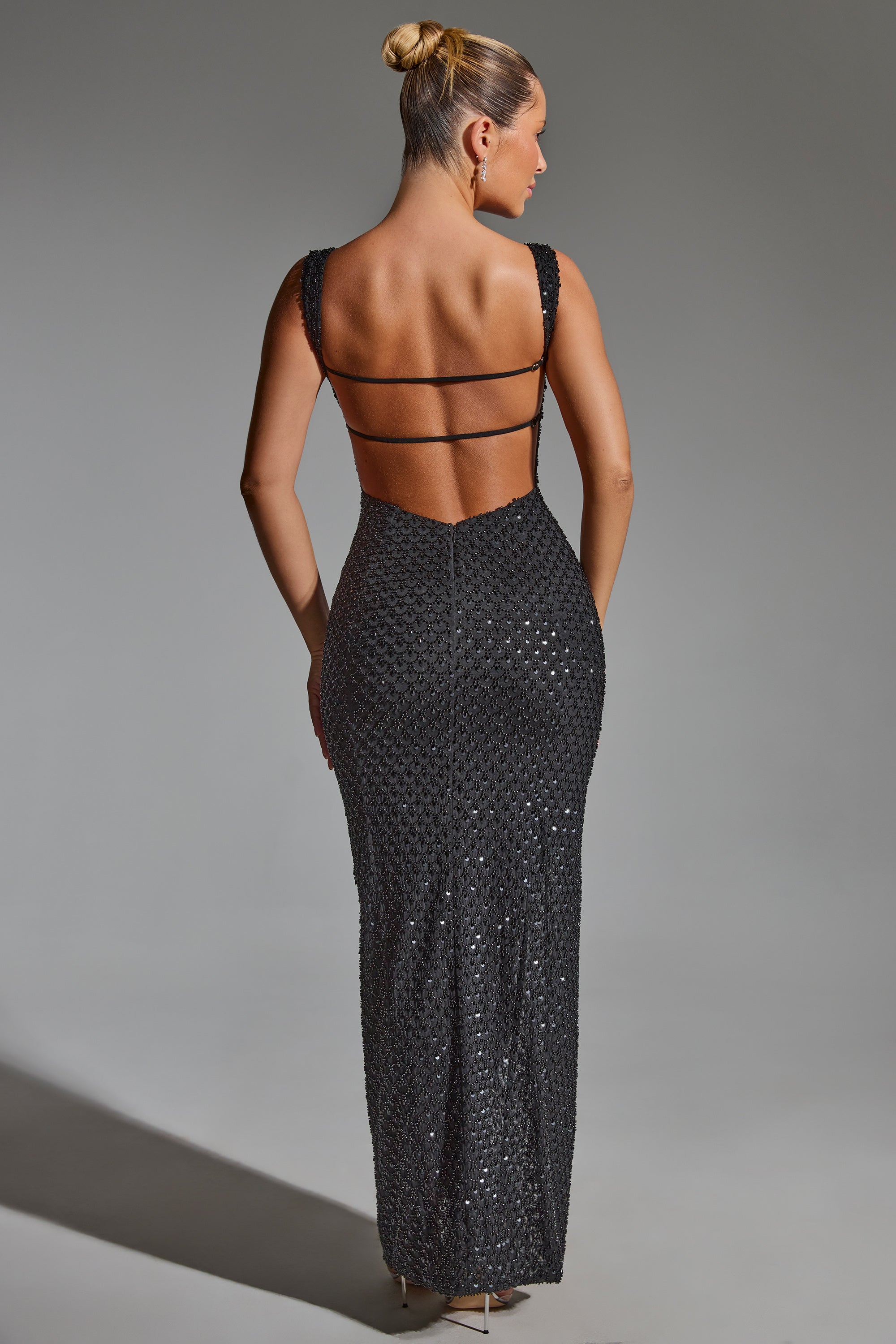 Cordelia-Embellished Open-Back Maxi Dress in Black