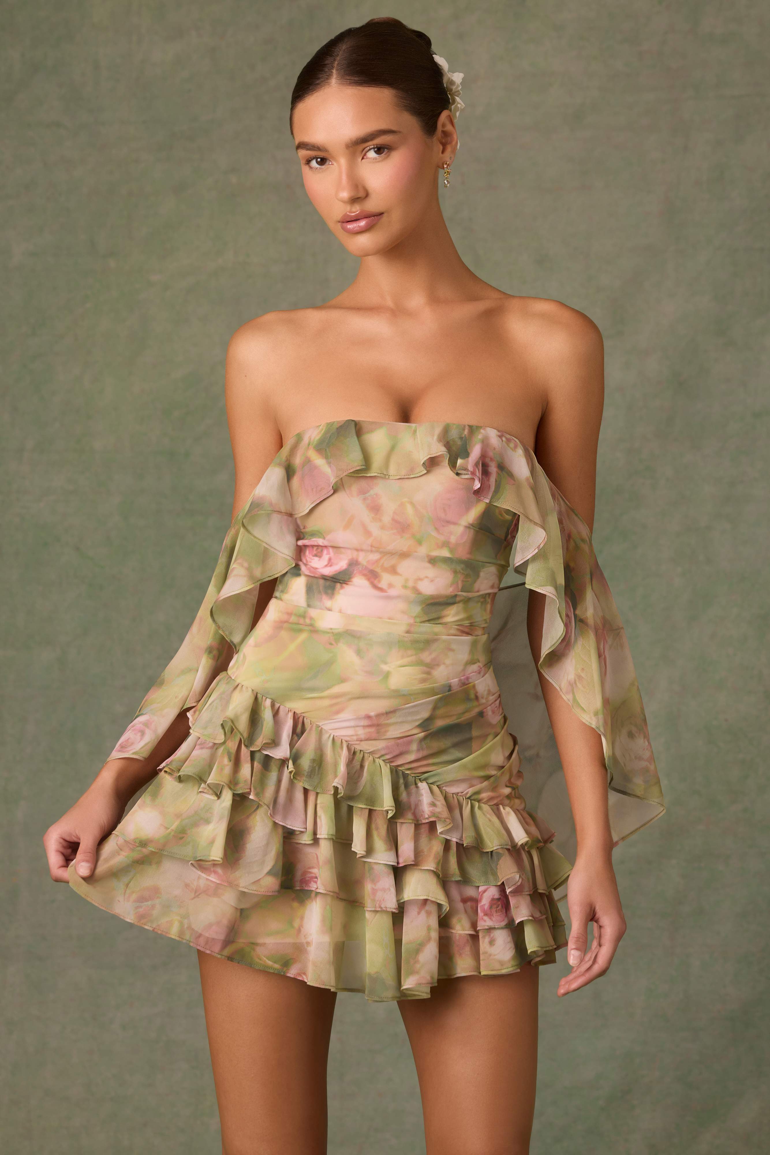 Birdie-Off-Shoulder Ruffled Mini Dress in Floral Multi Print