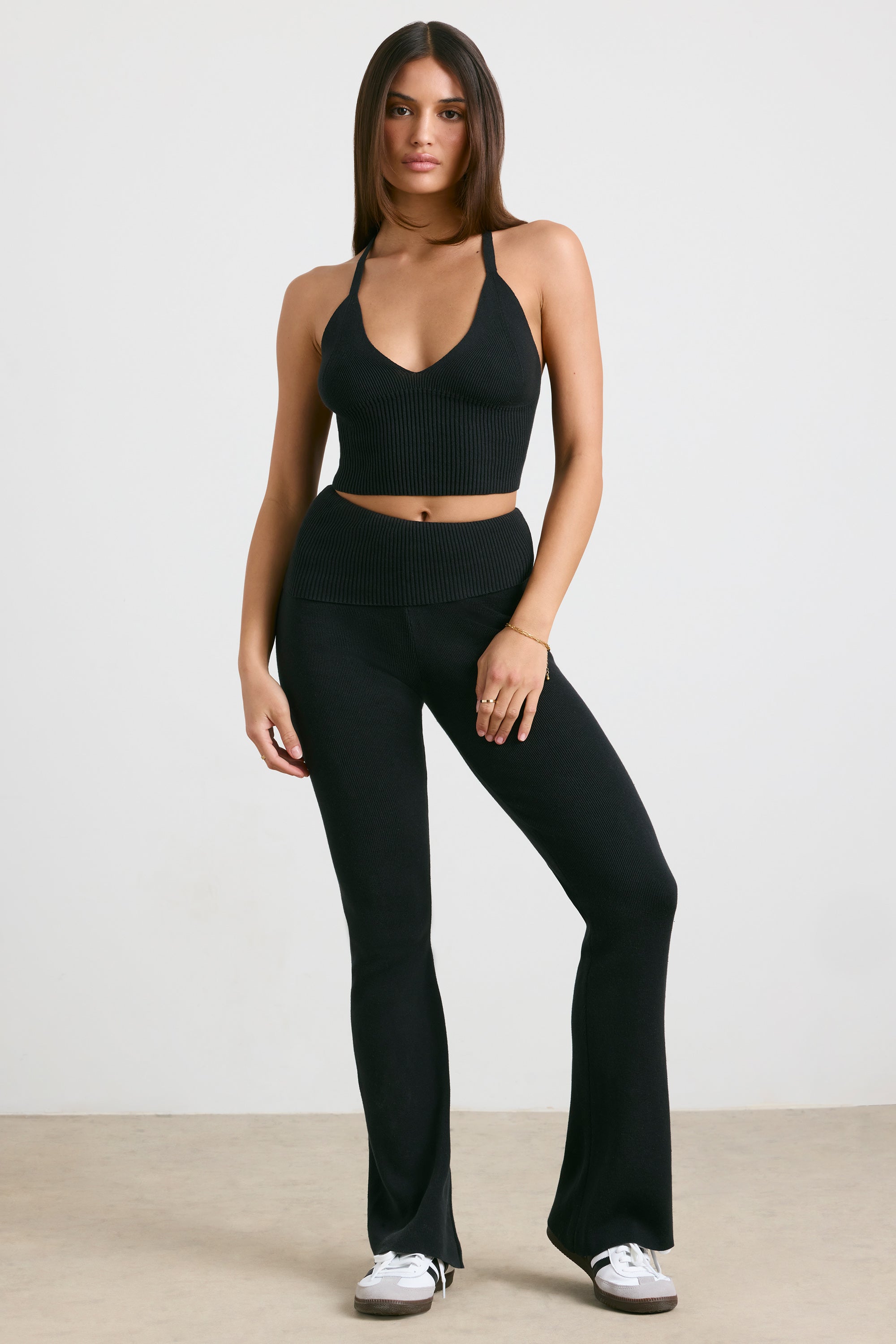 Fold Over Kick Flare Chunky Knit Trousers in Black