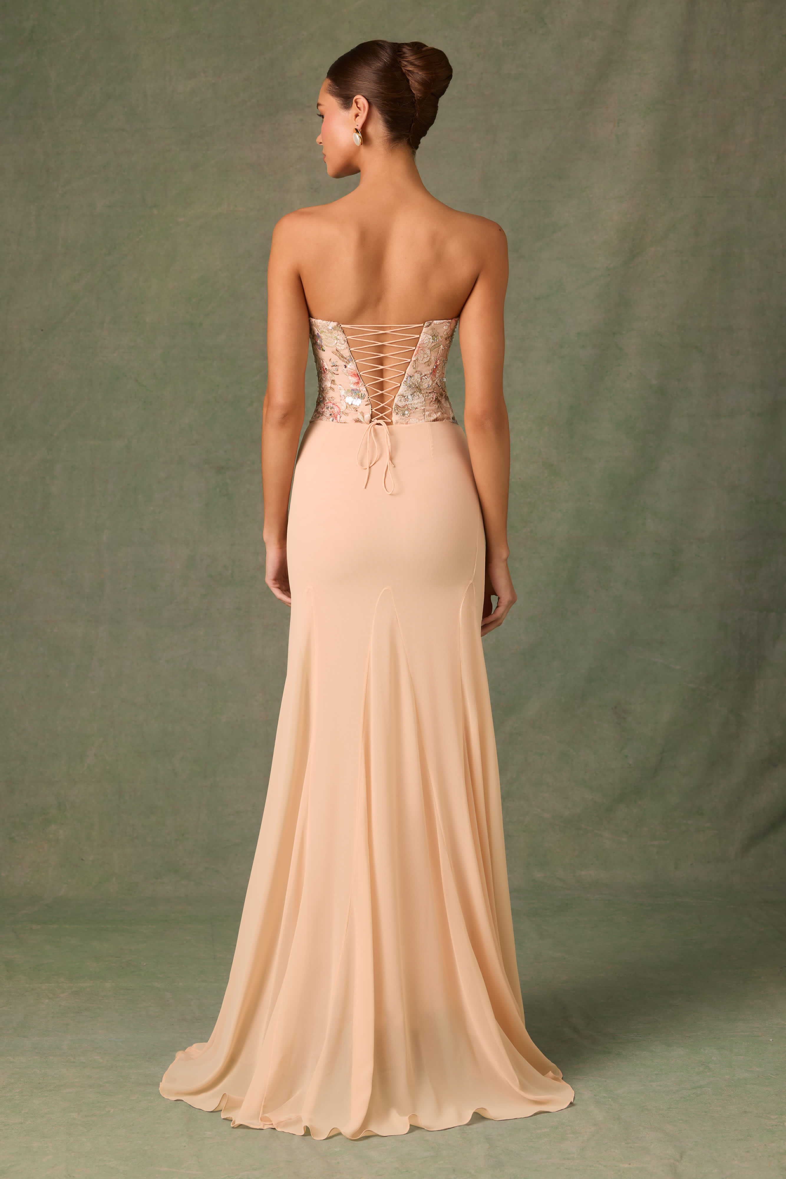 Lysana-Embellished Corset Fishtail Gown in Floral Beige