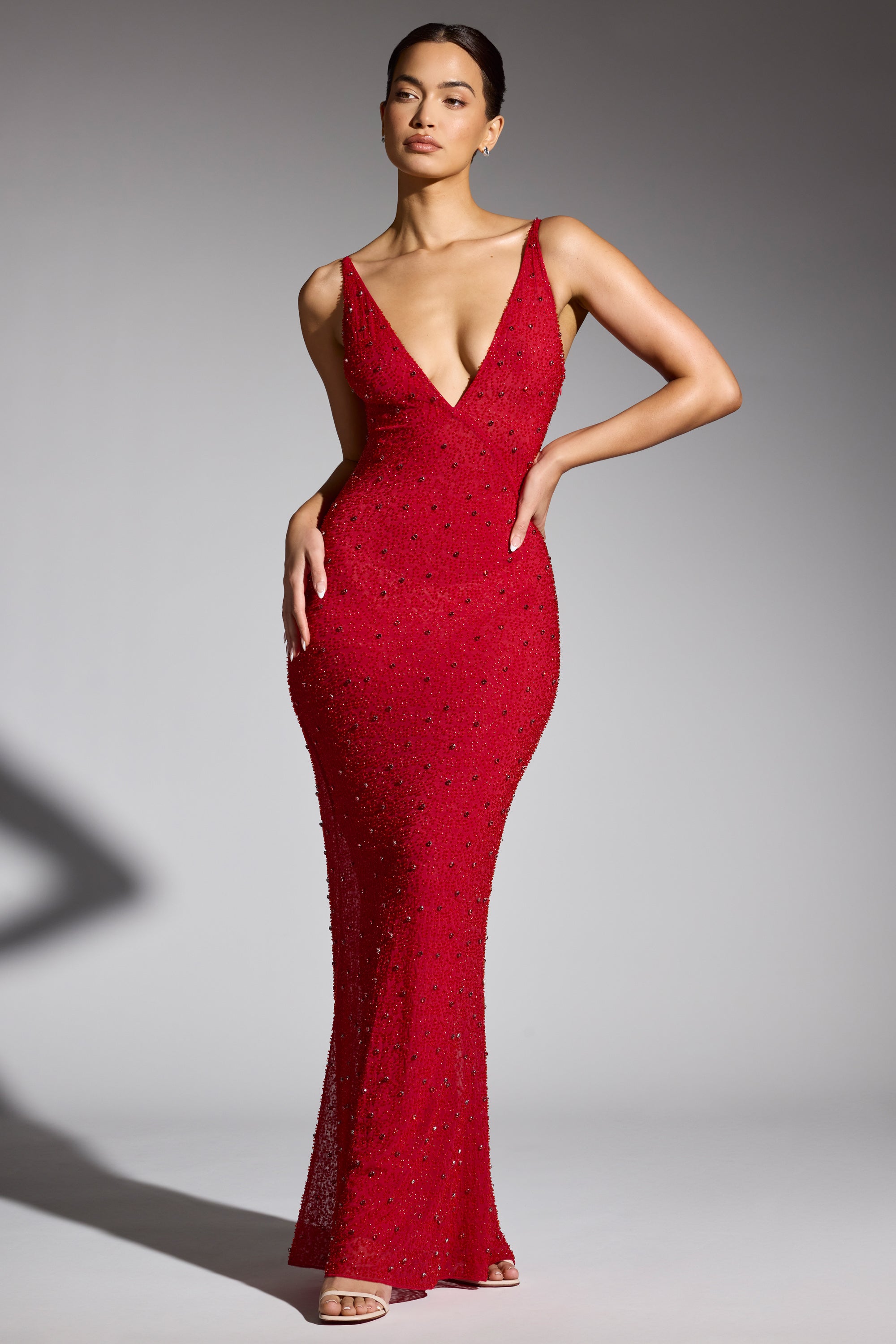 Colmar-Embellished Plunge Neck Evening Gown in Red