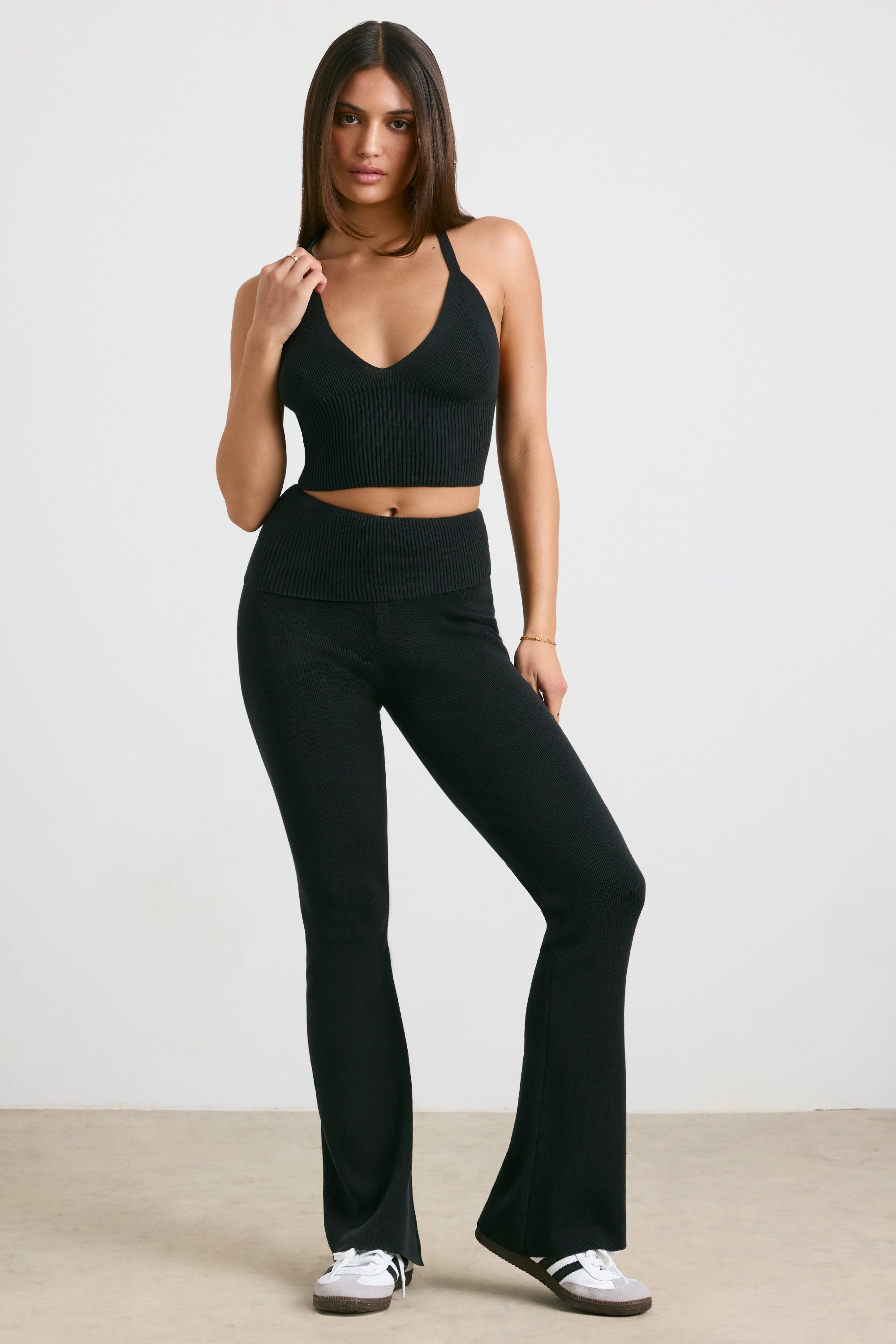 Fold Over Kick Flare Chunky Knit Trousers in Black