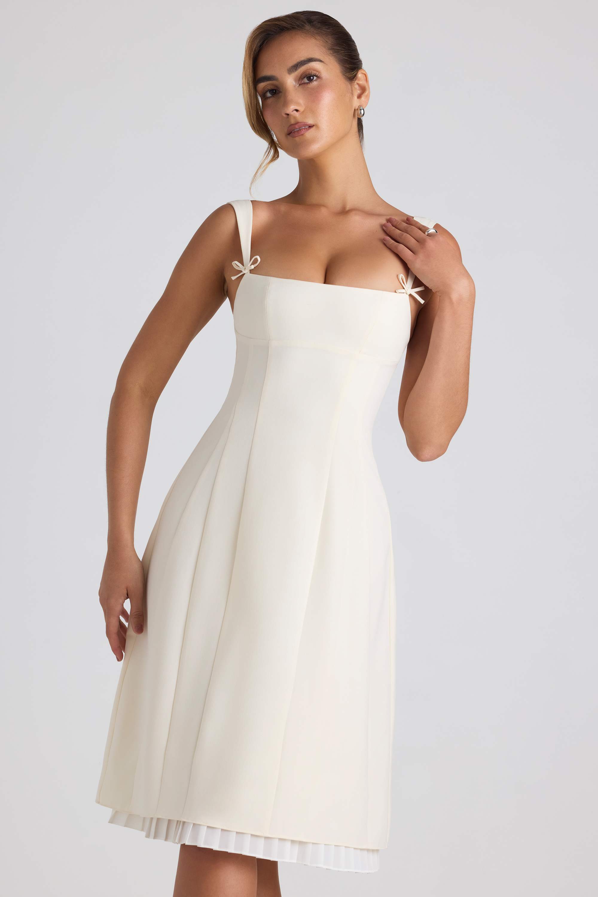 Isadora-Bow-Detail Pleated A-Line Midi Dress in Ivory