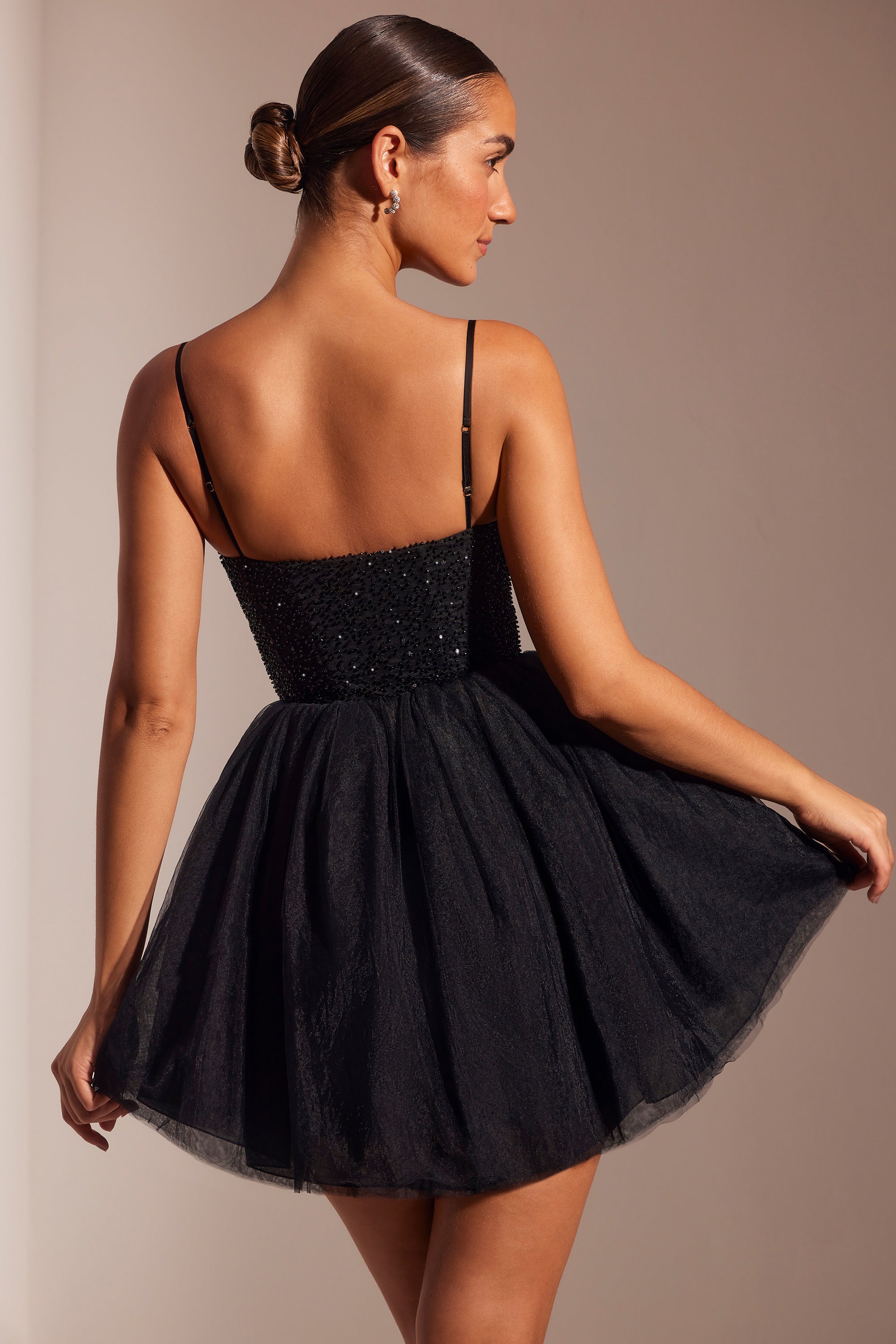 Eugenie-Embellished Corset Tulle Skirt Mini Dress in Black