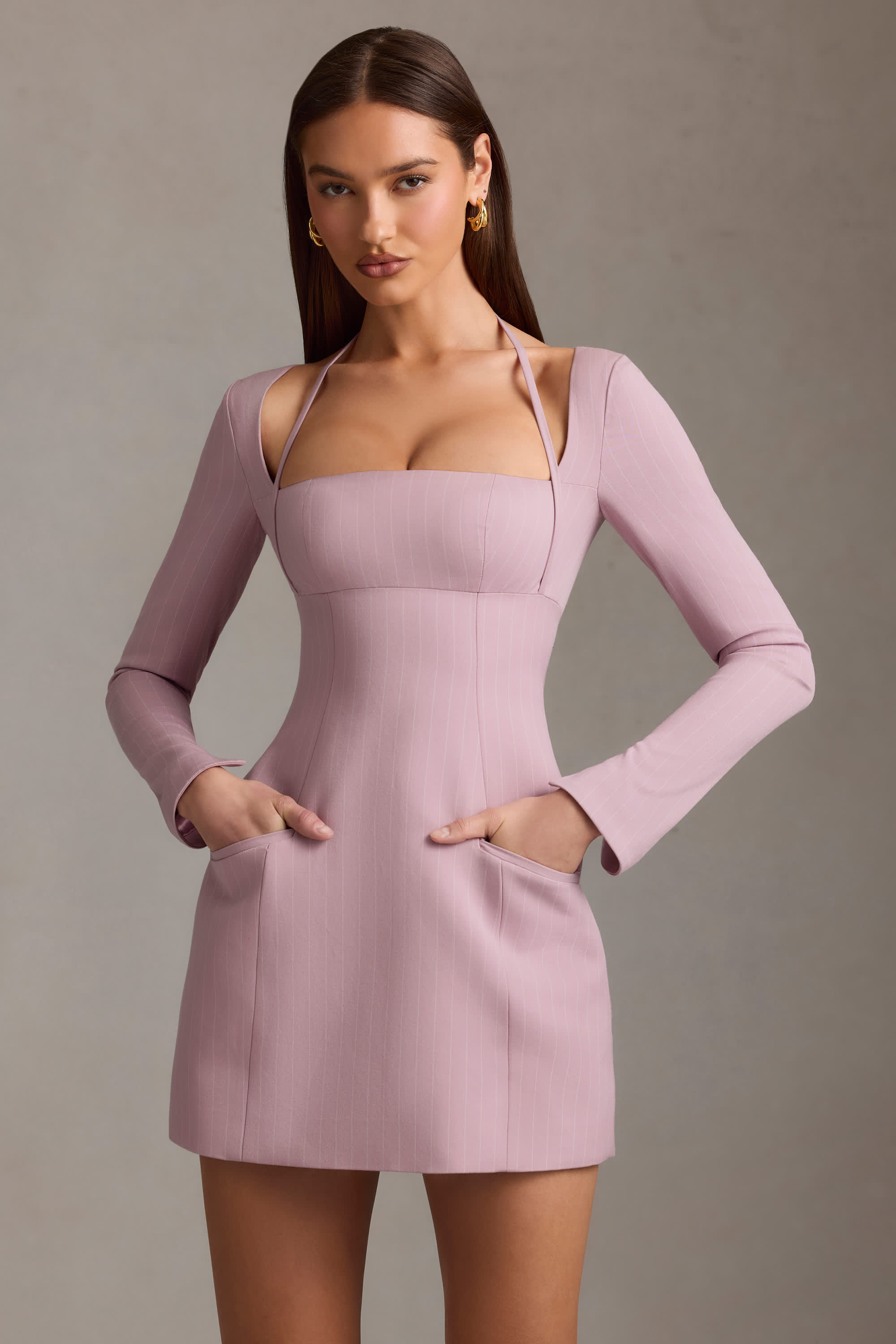 Ksenia-Pinstripe Structured A-Line Mini Dress in Mauve