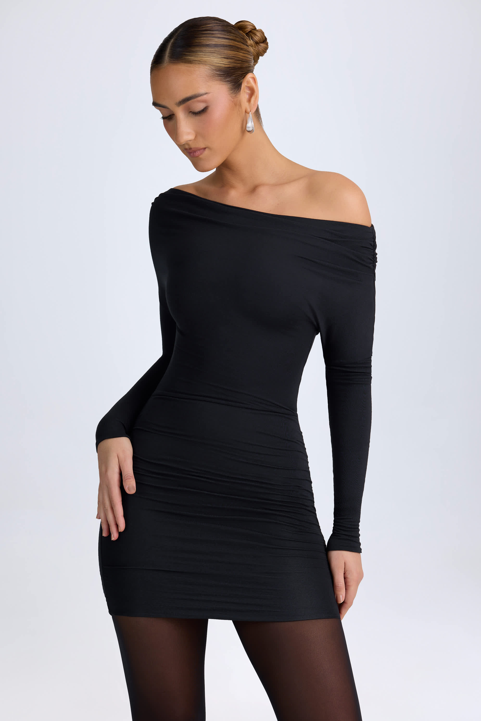 Elsa-Modal Off-Shoulder Ruched Mini Dress in Black