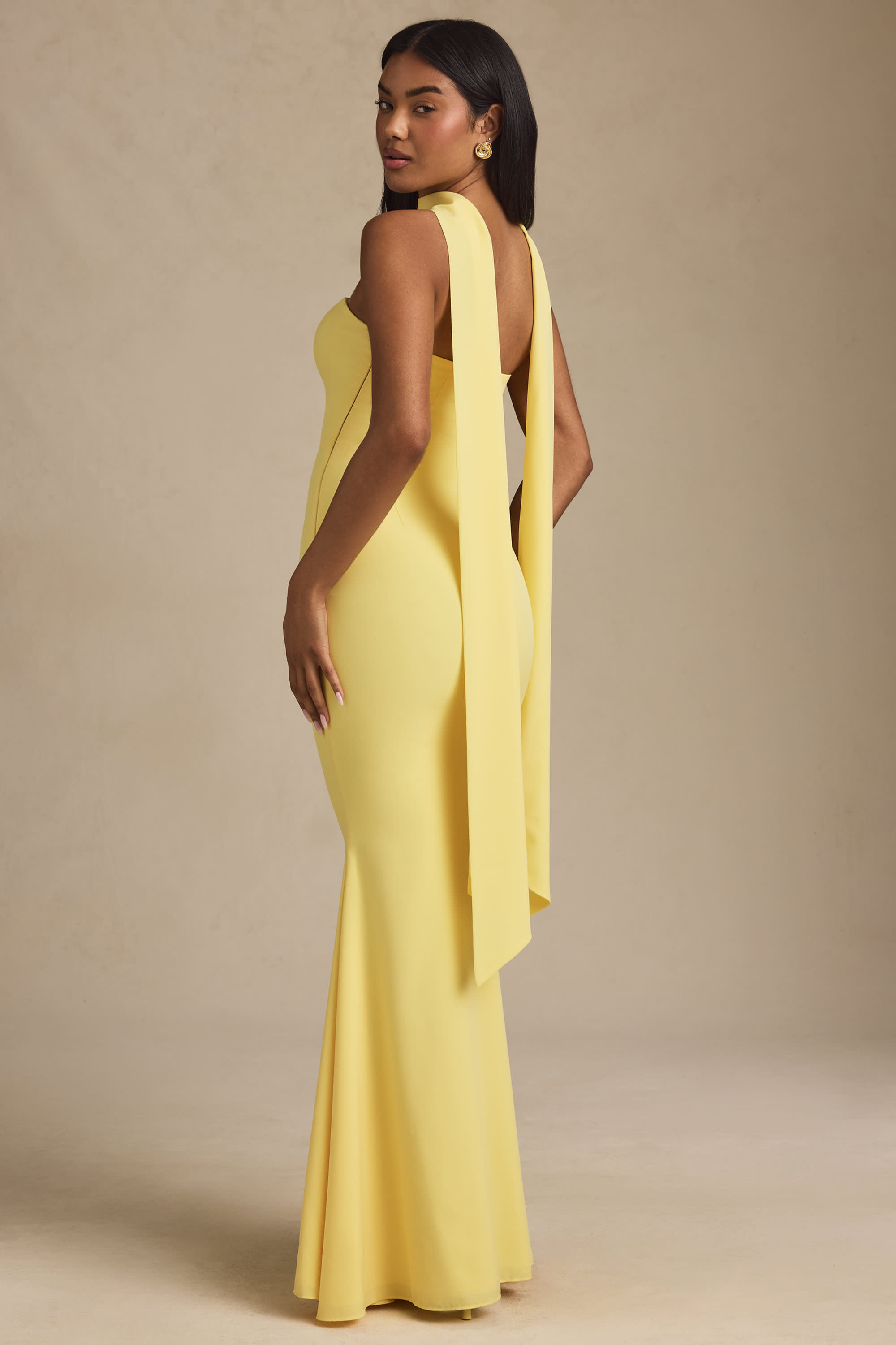 Imogene-Scarf-Detail Strapless Gown in Pastel Yellow