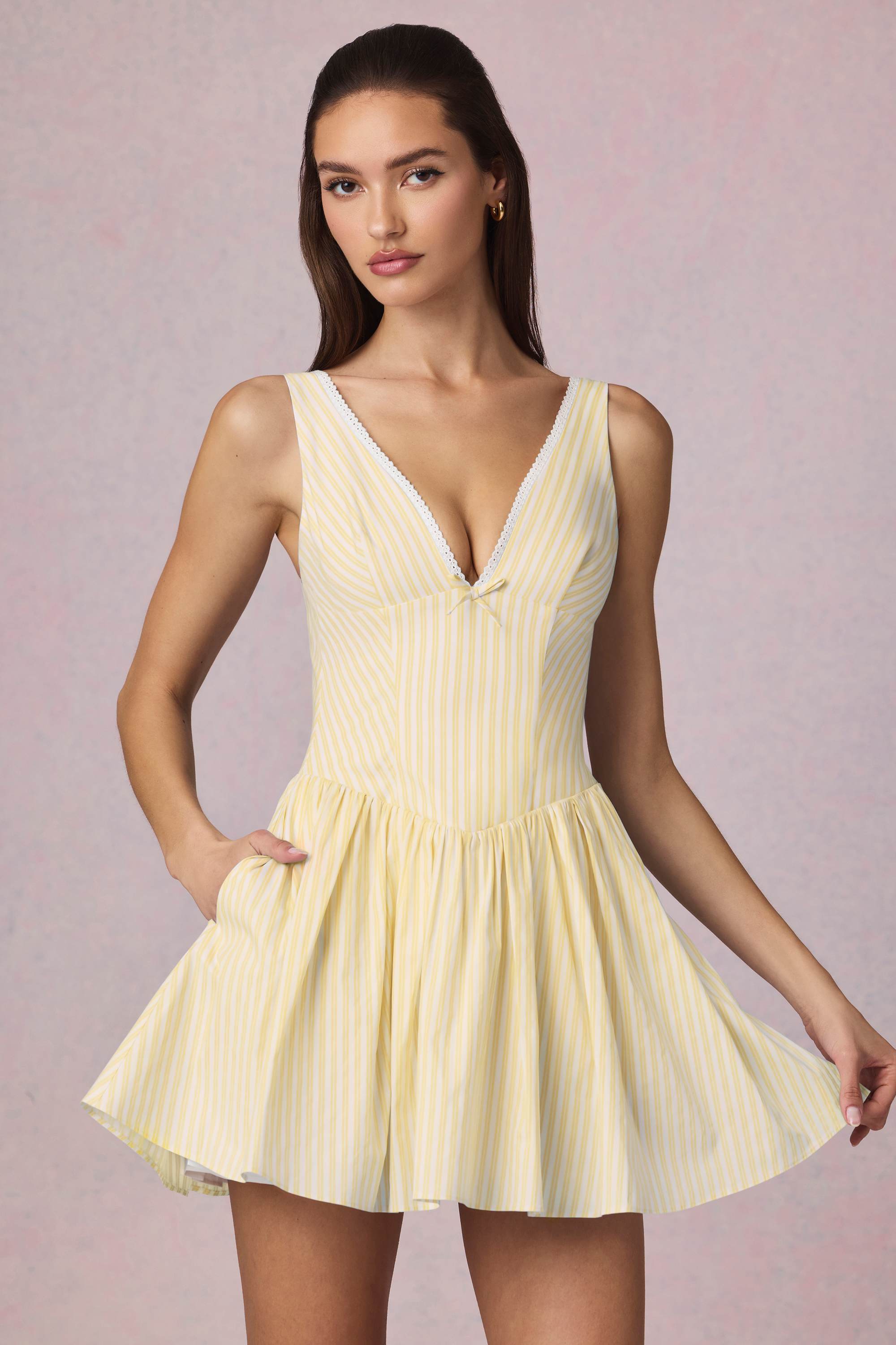 Marissa-Bow-Detail A-Line Mini Dress in Lemon Yellow Stripe