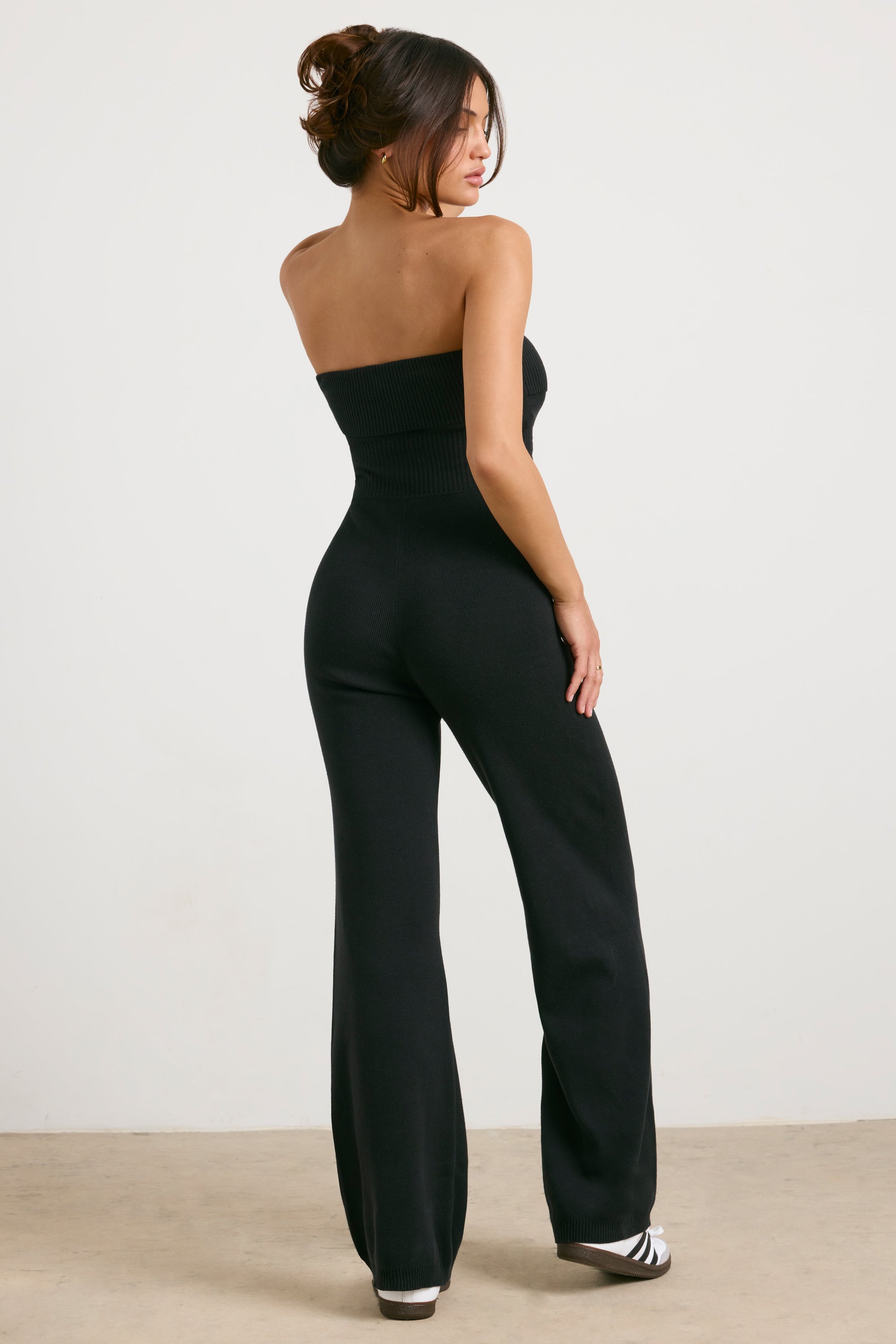 Chunky Knit Kick Flare Jumpsuit in Black