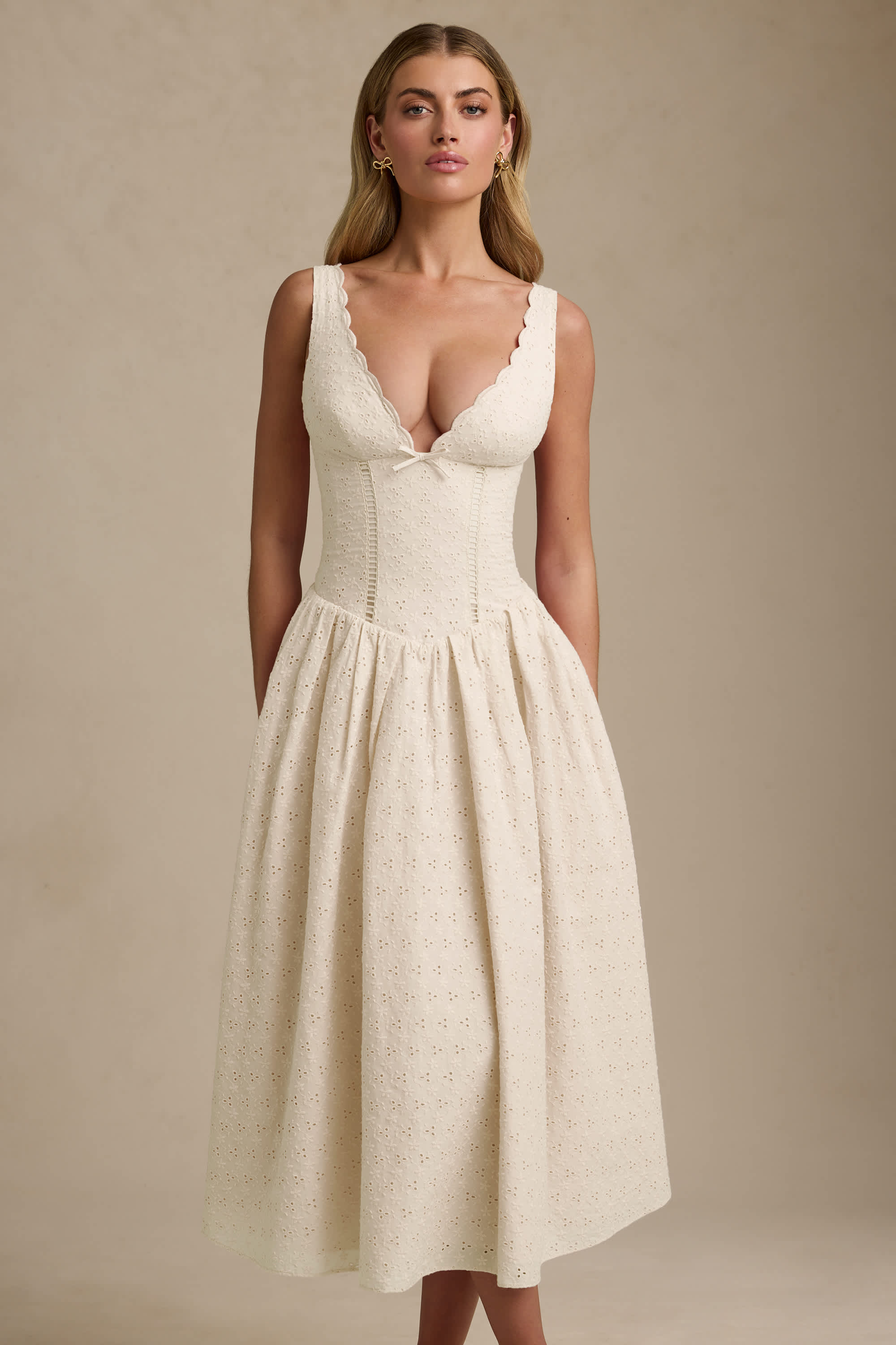 Saidey-Broderie Anglaise Bow-Detail A-Line Midaxi Dress in Ivory
