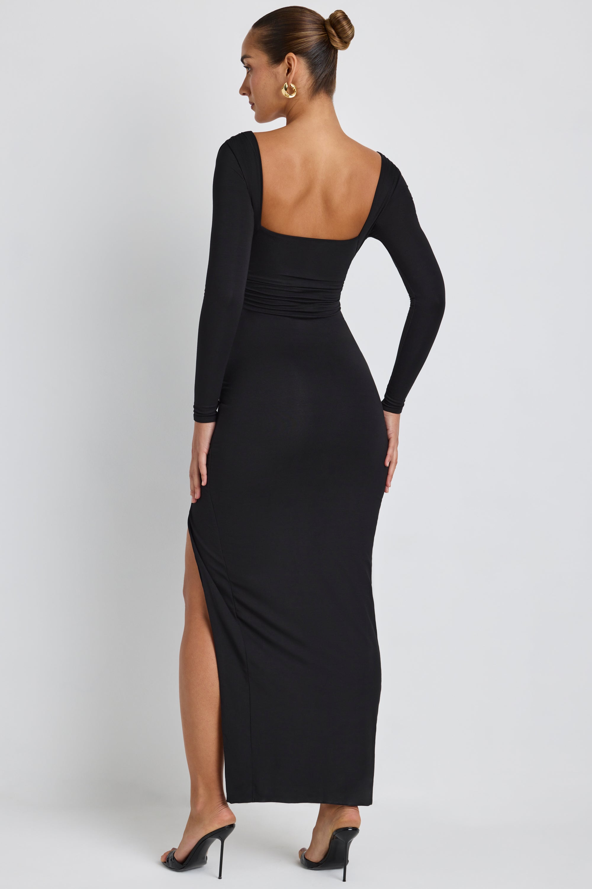 Marcela-Modal Plunge Neck Long Sleeve Maxi Dress in Black