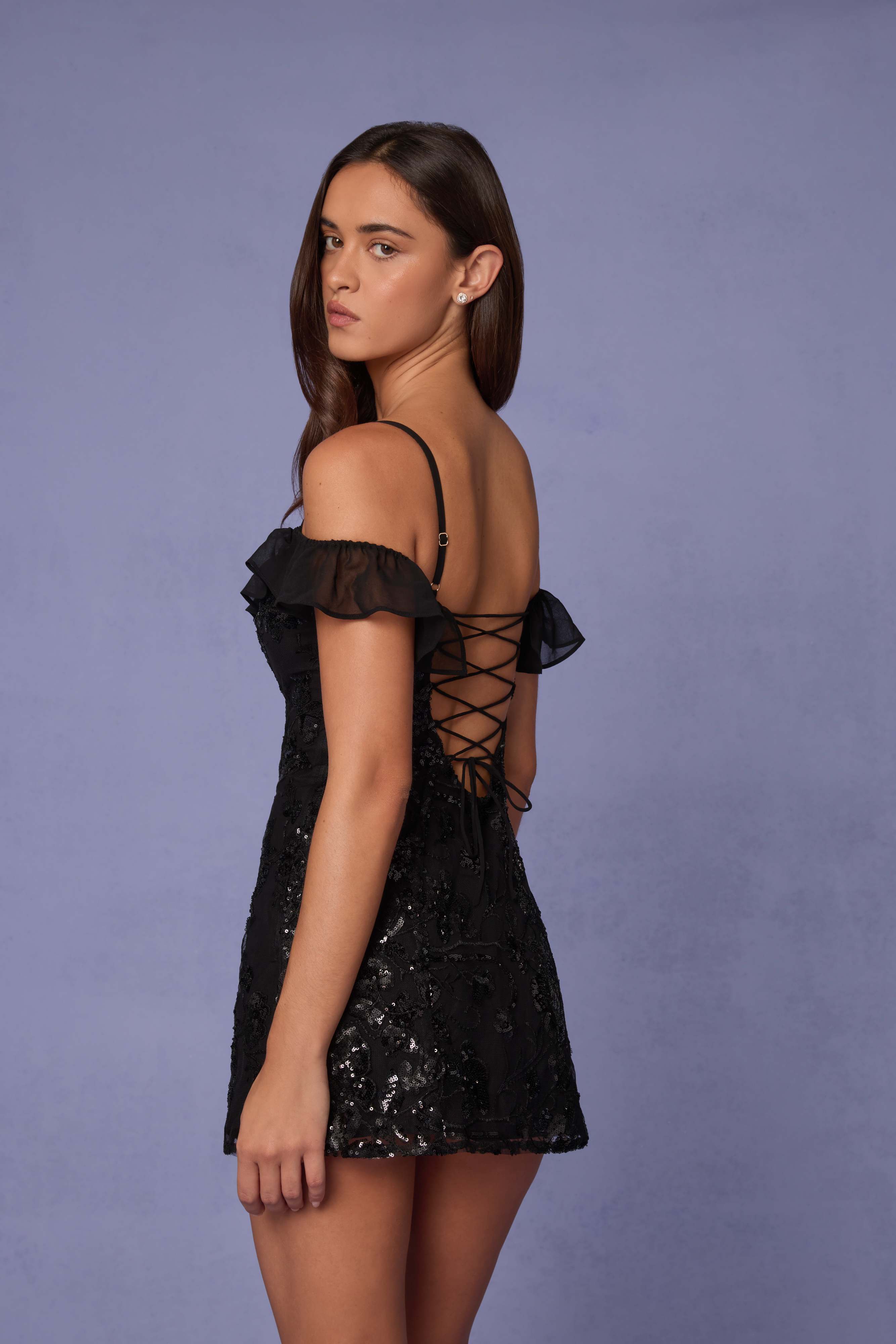 Jacira-Embellished Lace-Up A-Line Mini Dress in Black