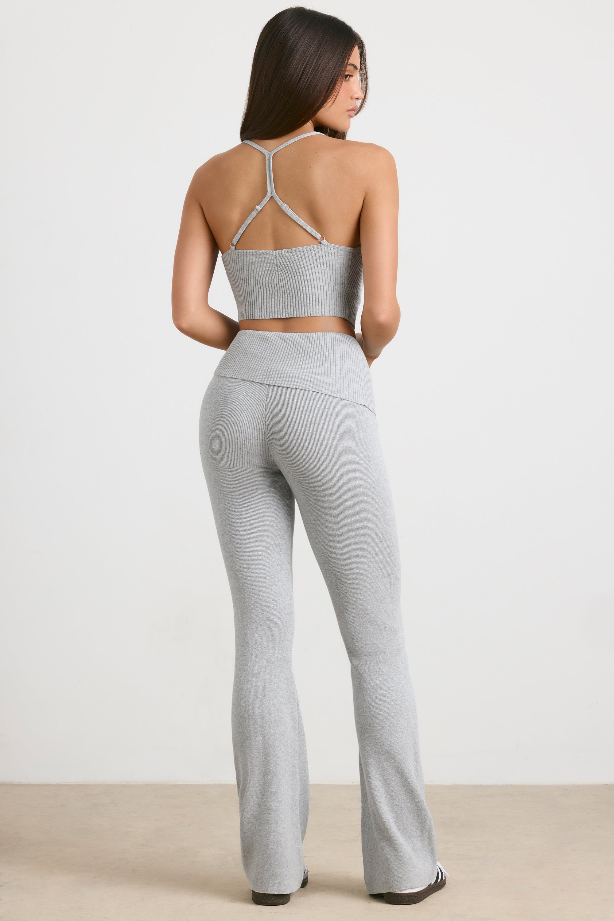 Fold Over Kick Flare Chunky Knit Trousers in Grey Marl