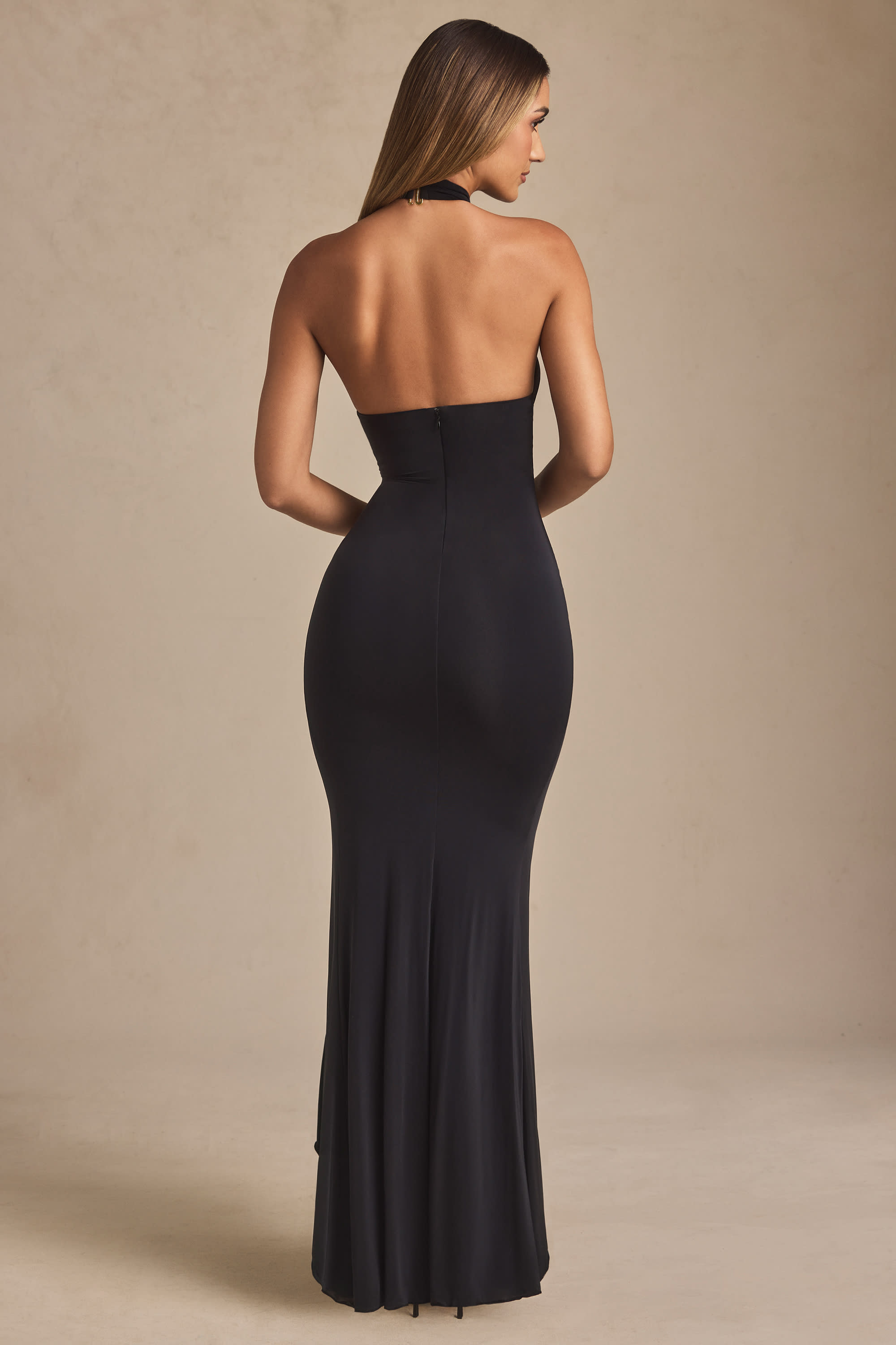 Apolline-Ruffle-Trim Halterneck Gown in Black