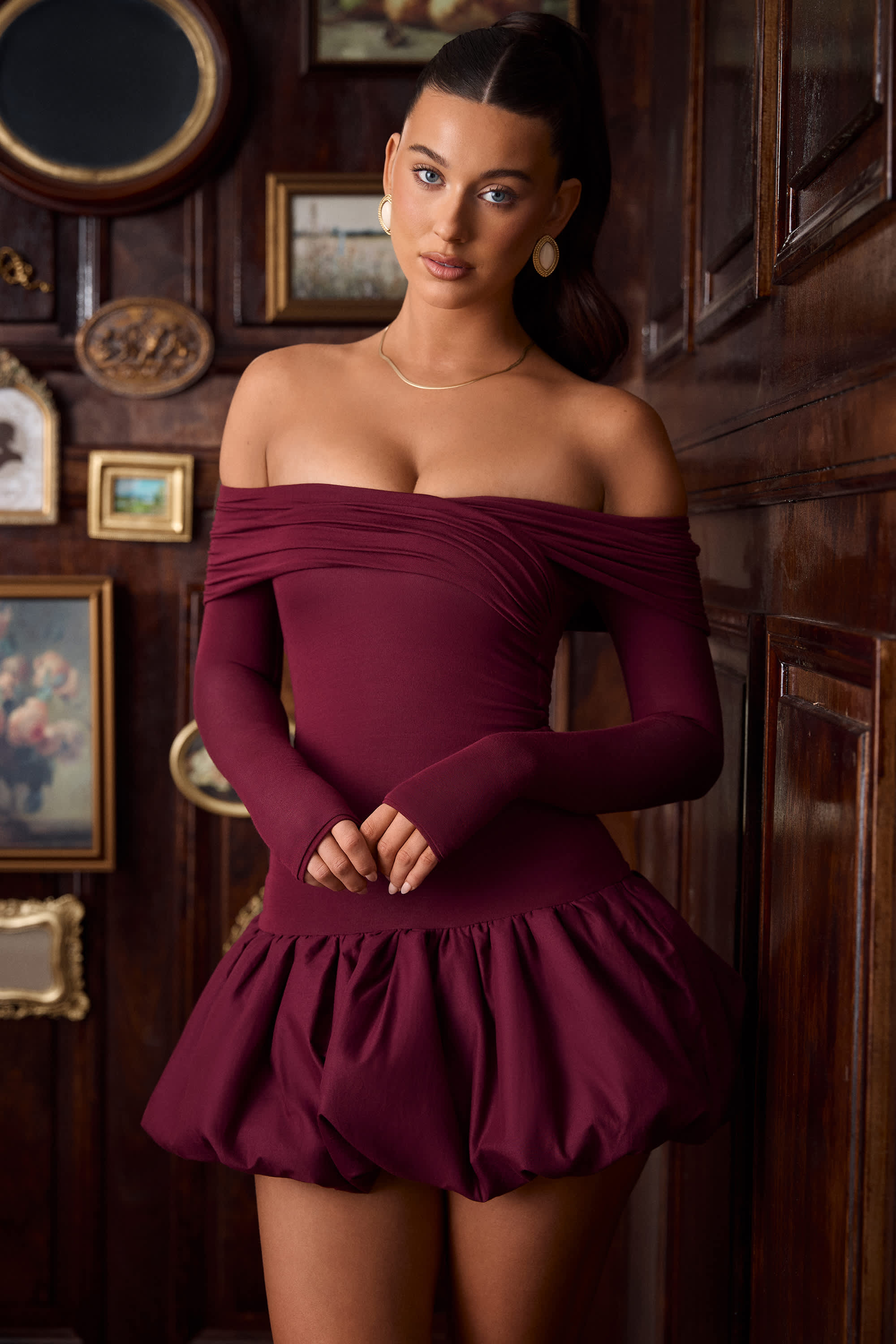 Serra-Modal Off-Shoulder Bubble Hem Mini Dress in Wine Red