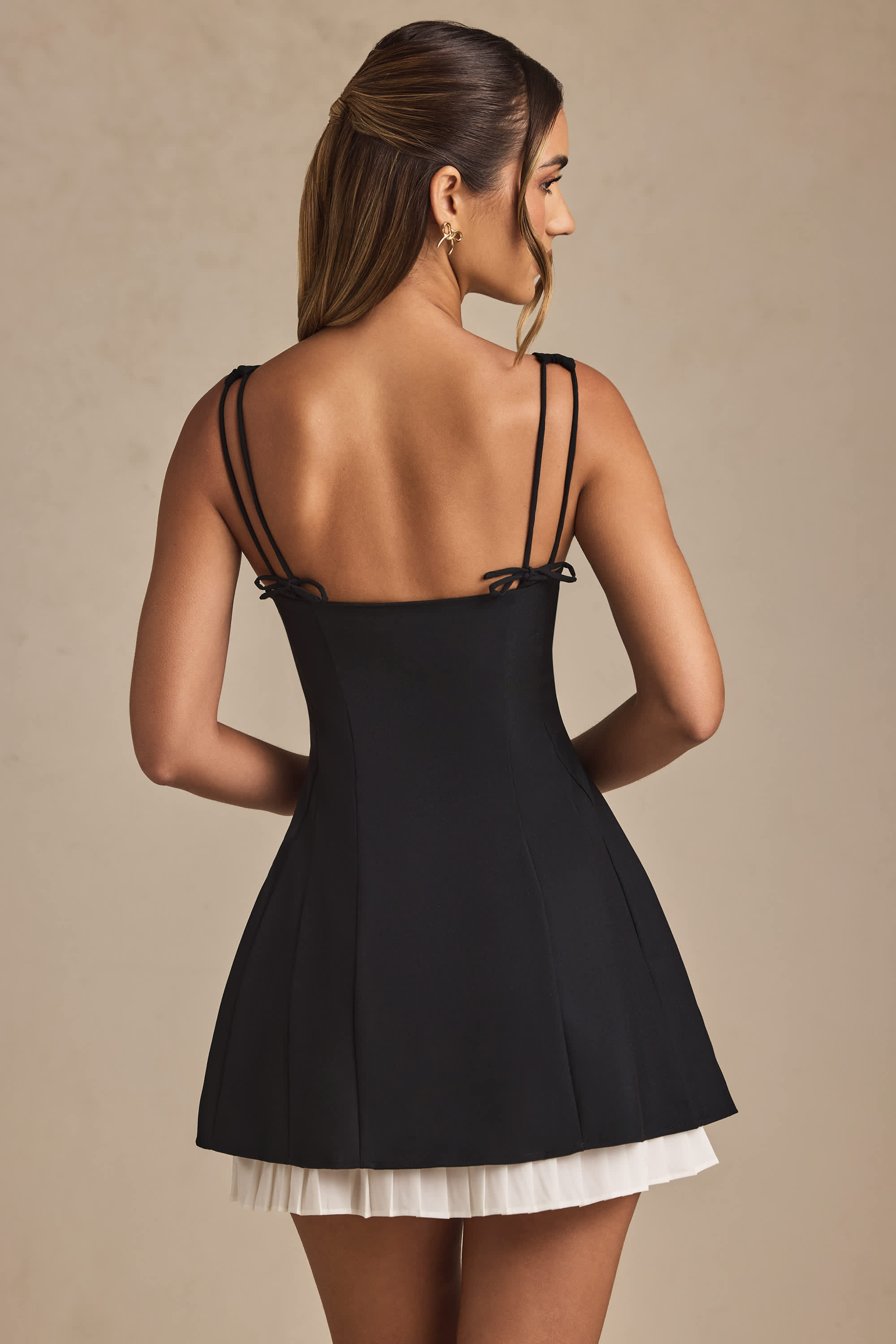 Cressida-Bow-Detail Pleated A-Line Mini Dress in Black