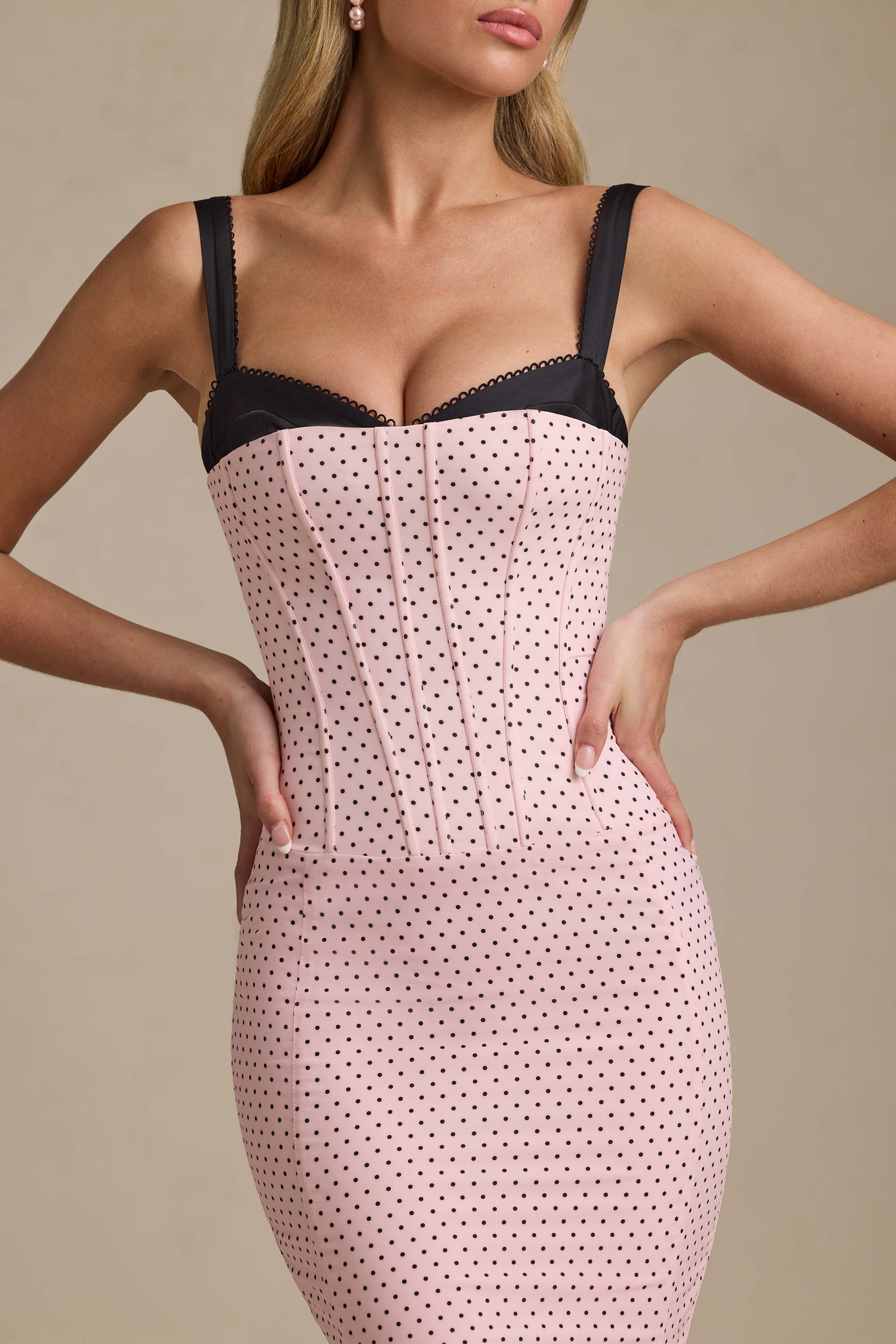 Valentina-Layered Bra-Detail Fishtail Midaxi Dress in Pink Polka Dot