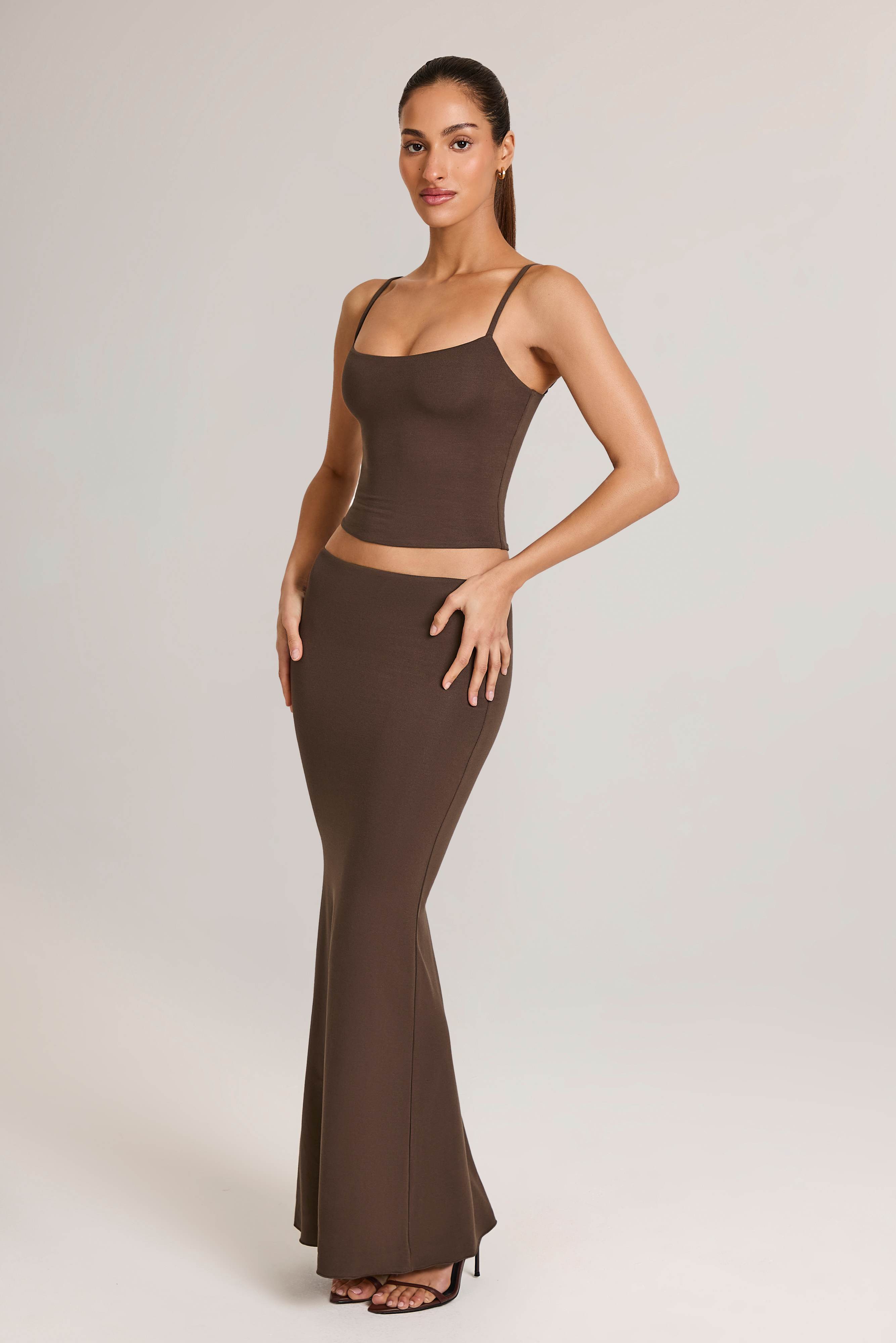 Avenley-Modal Mid-Rise Fishtail Maxi Skirt in Chocolate Brown