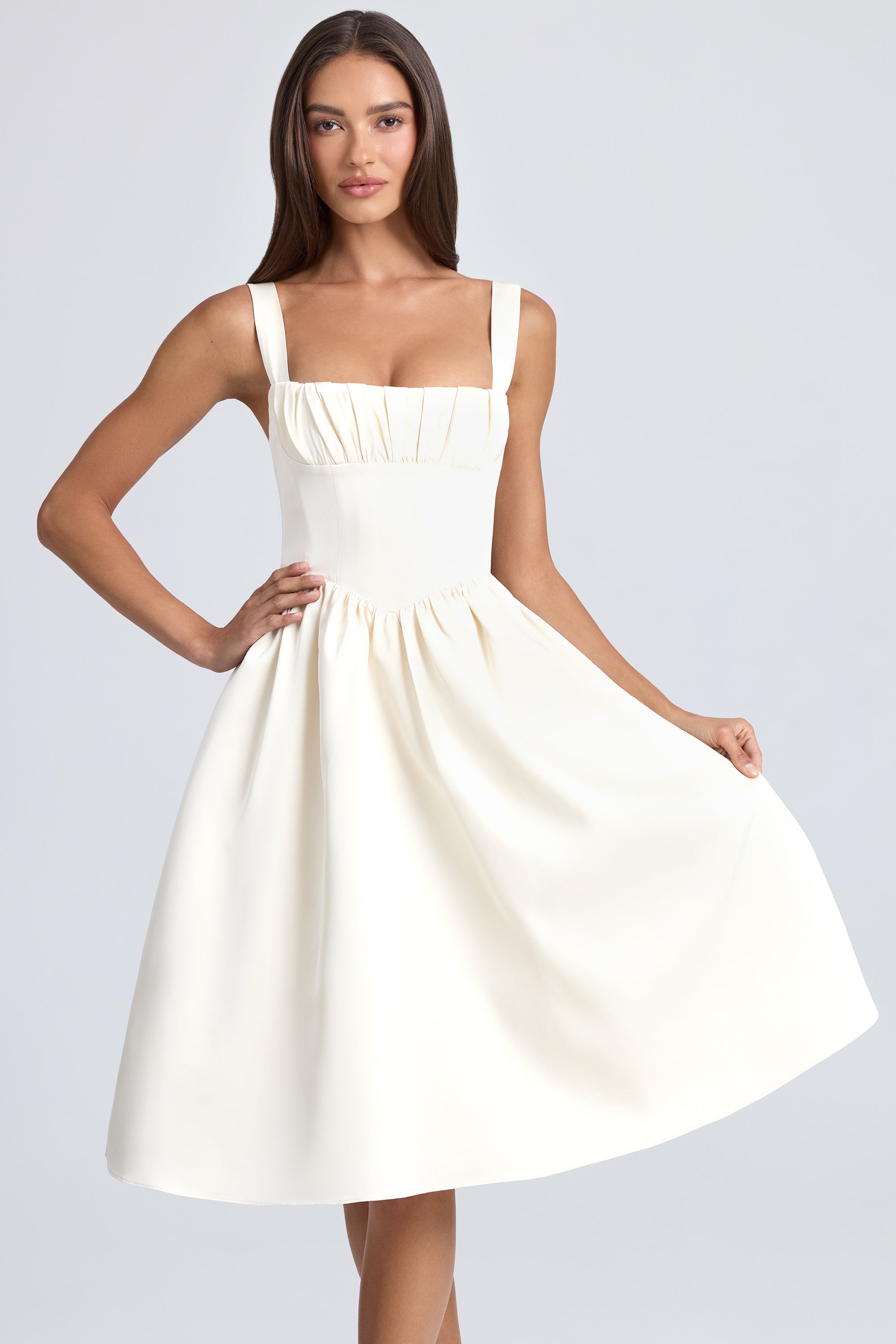 Marguerite-Draped Corset Midaxi Dress in Ivory