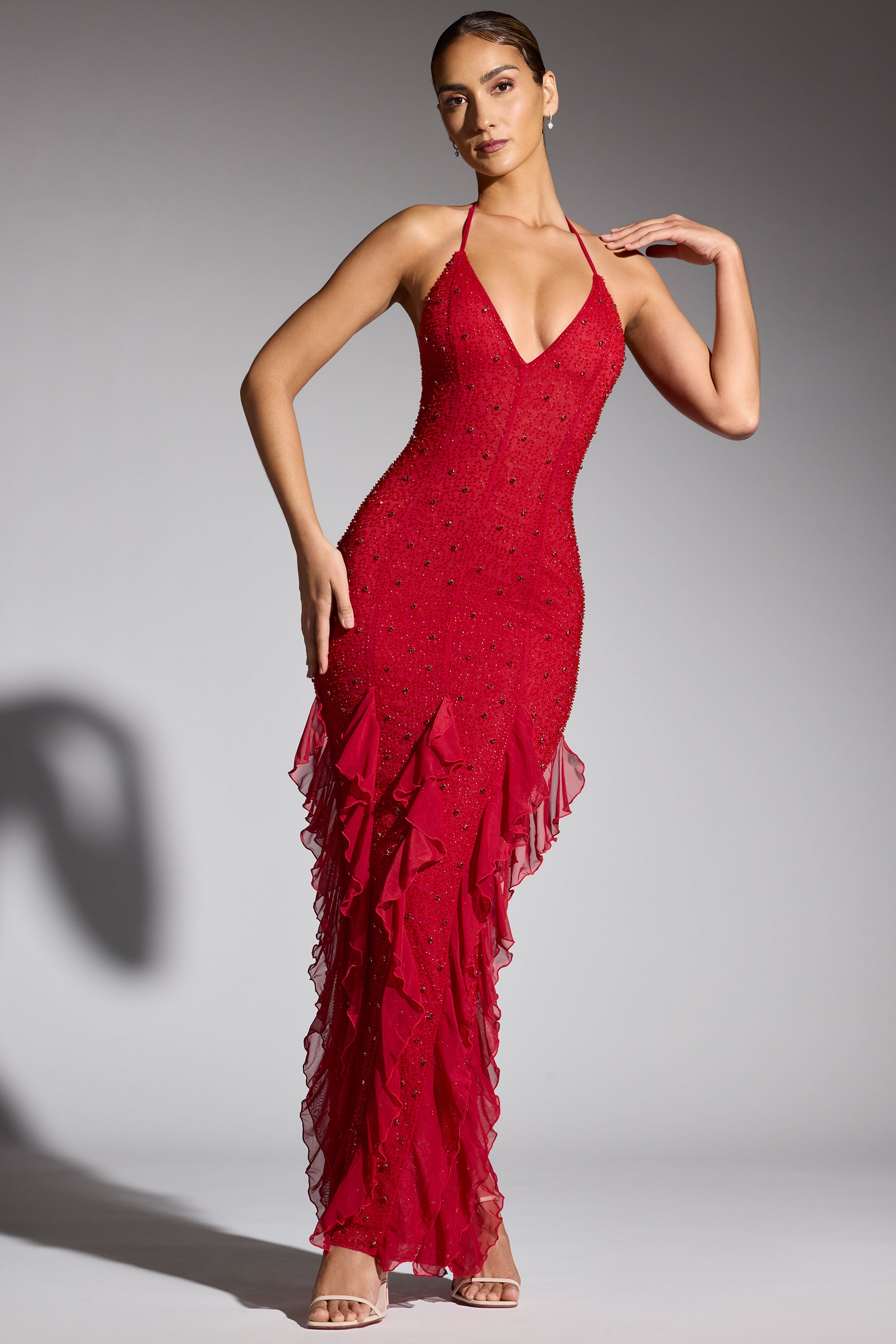 Anley-Embellished Halter Neck Ruffle Maxi Dress in Red