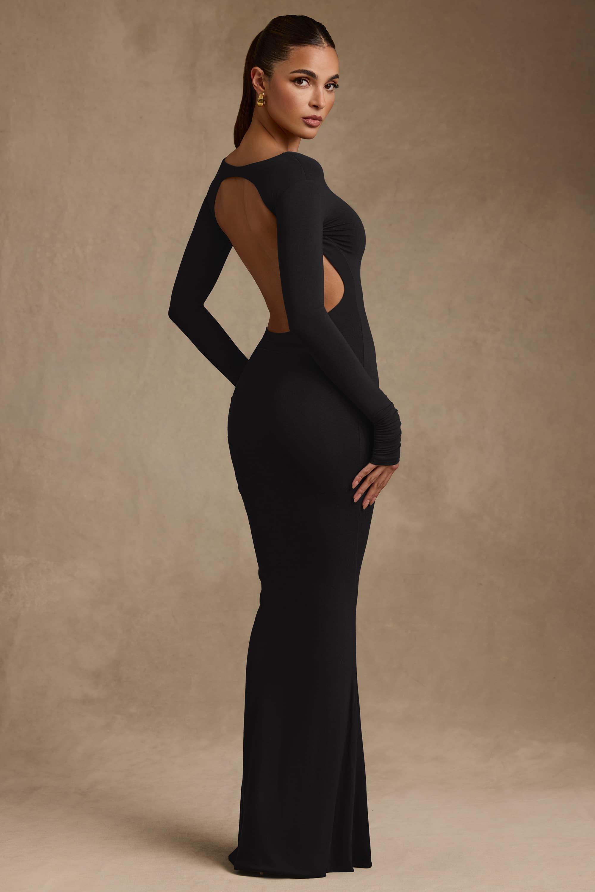 Regine-Modal Ruched Backless Maxi Dress in Black