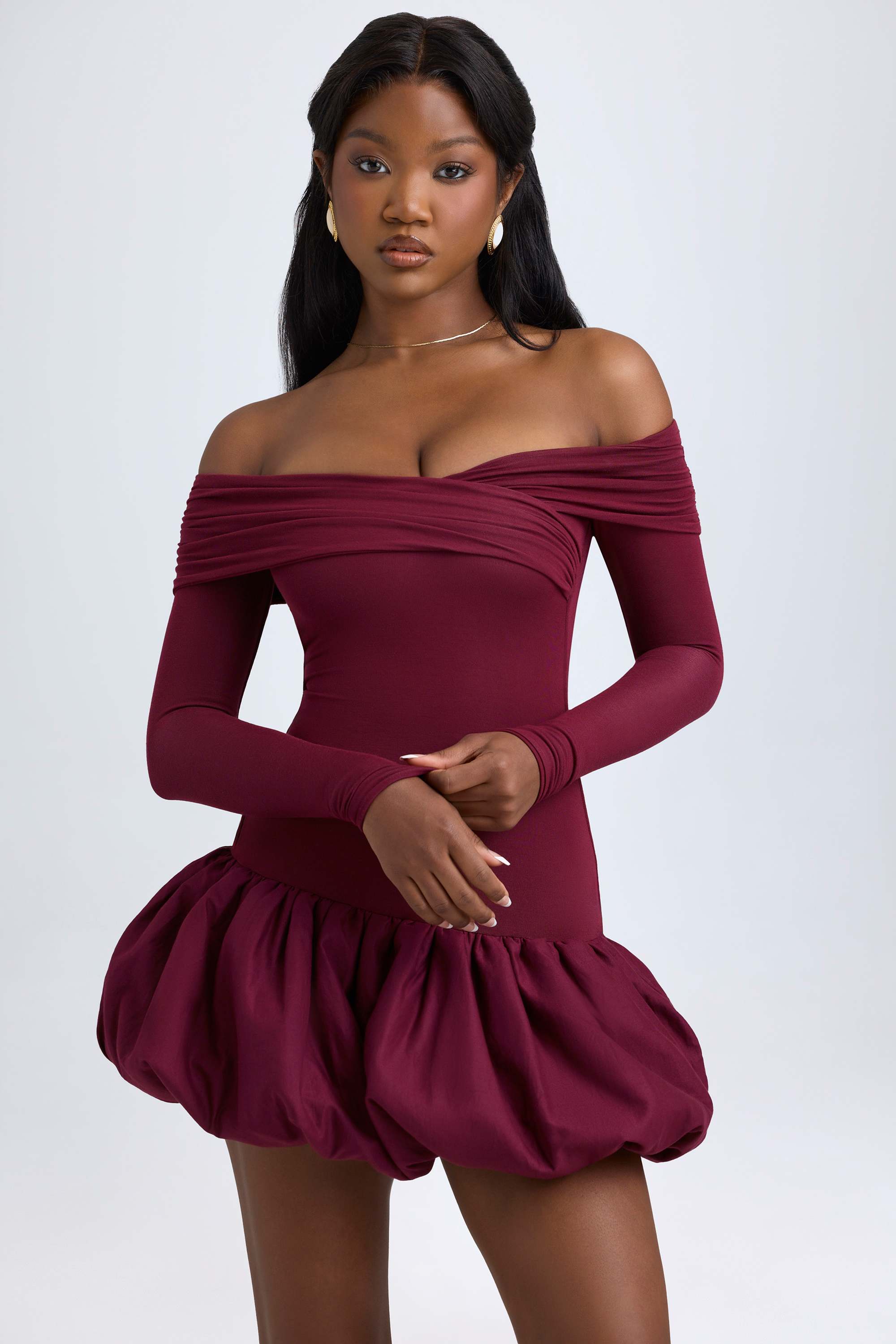 Serra-Modal Off-Shoulder Bubble Hem Mini Dress in Wine Red