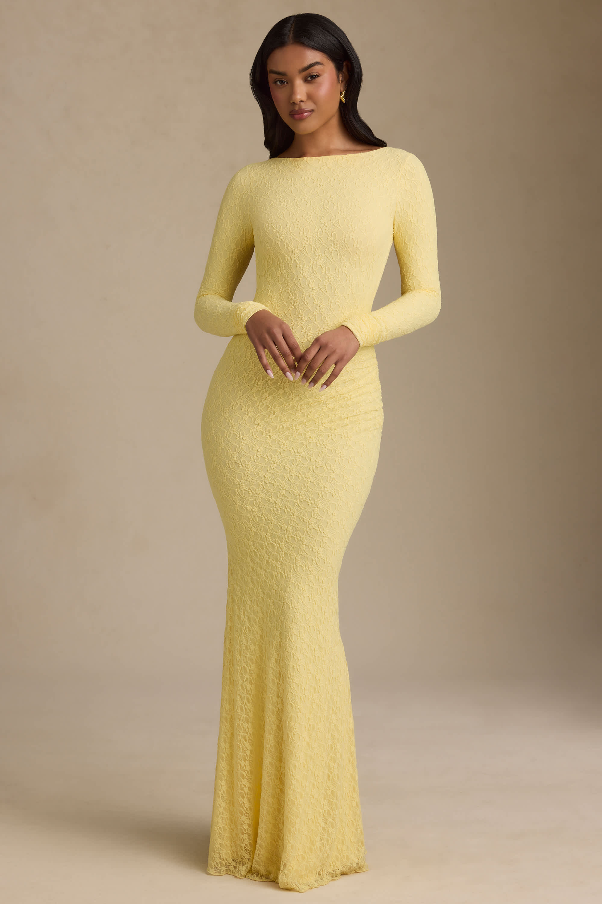 Tarini-Ruched Backless Lace Maxi Dress in Pastel Yellow