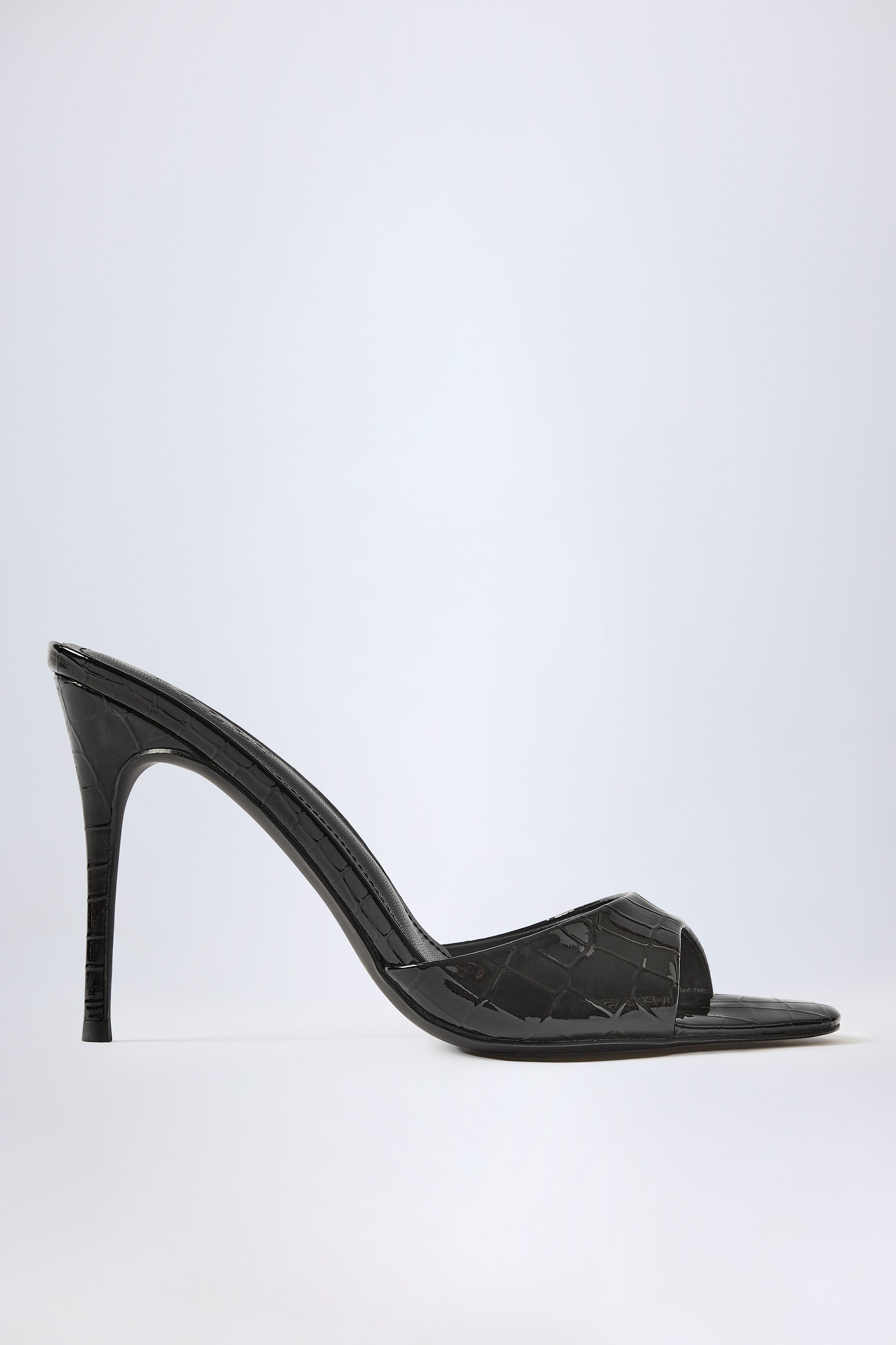 Amandine-Almond-Toe Heeled Mules in Croc Patent Black
