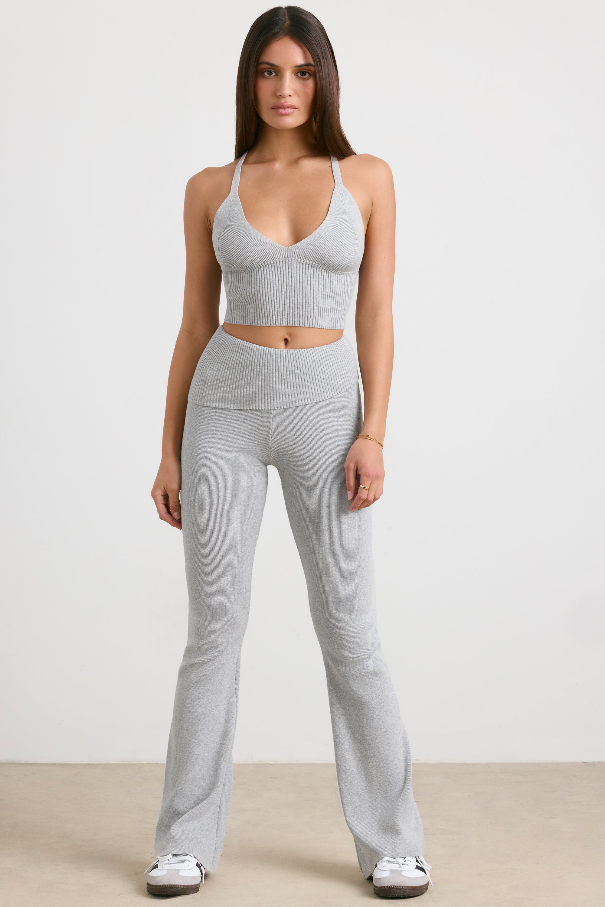 Fold Over Kick Flare Chunky Knit Trousers in Grey Marl