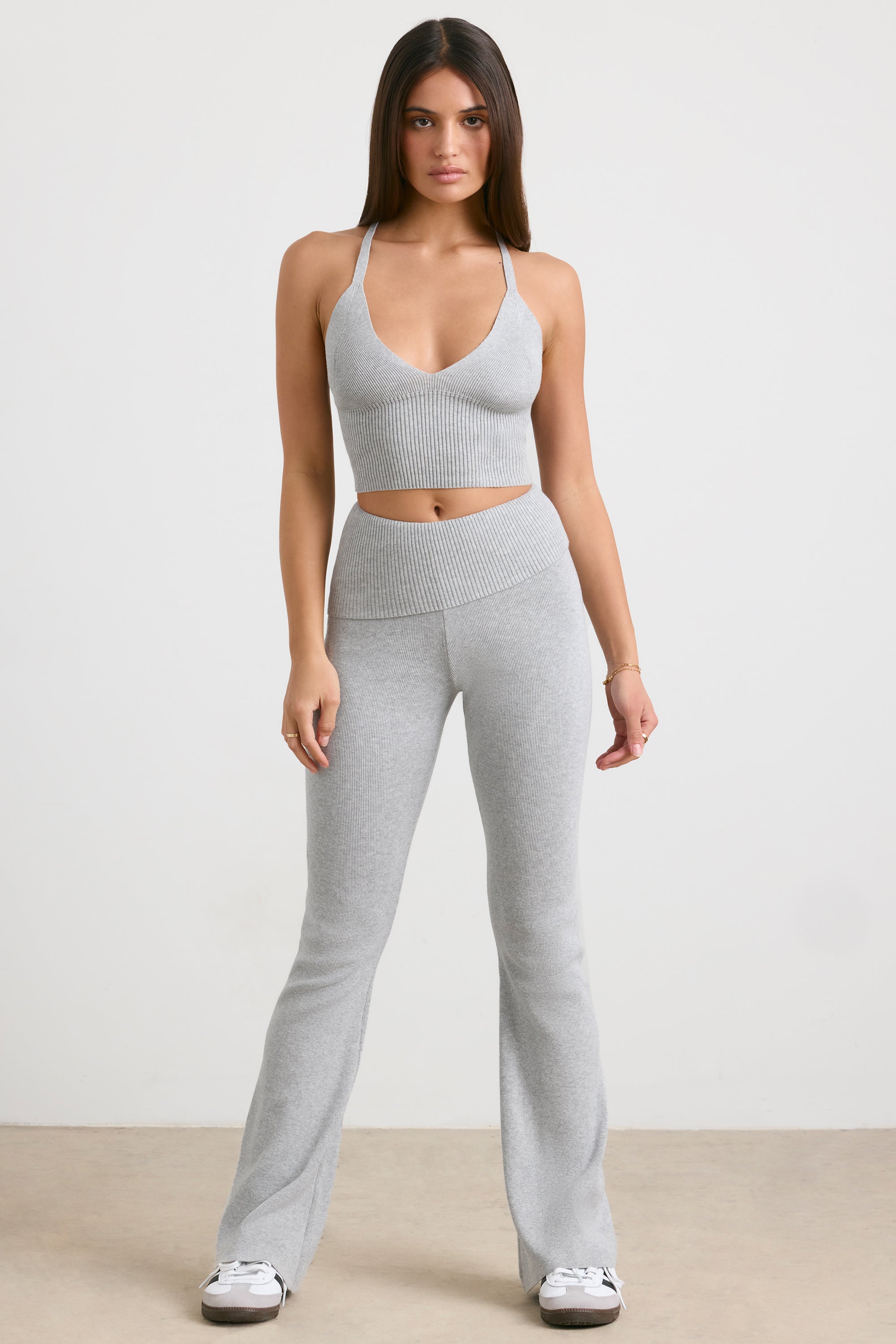 Fold Over Kick Flare Chunky Knit Trousers in Grey Marl
