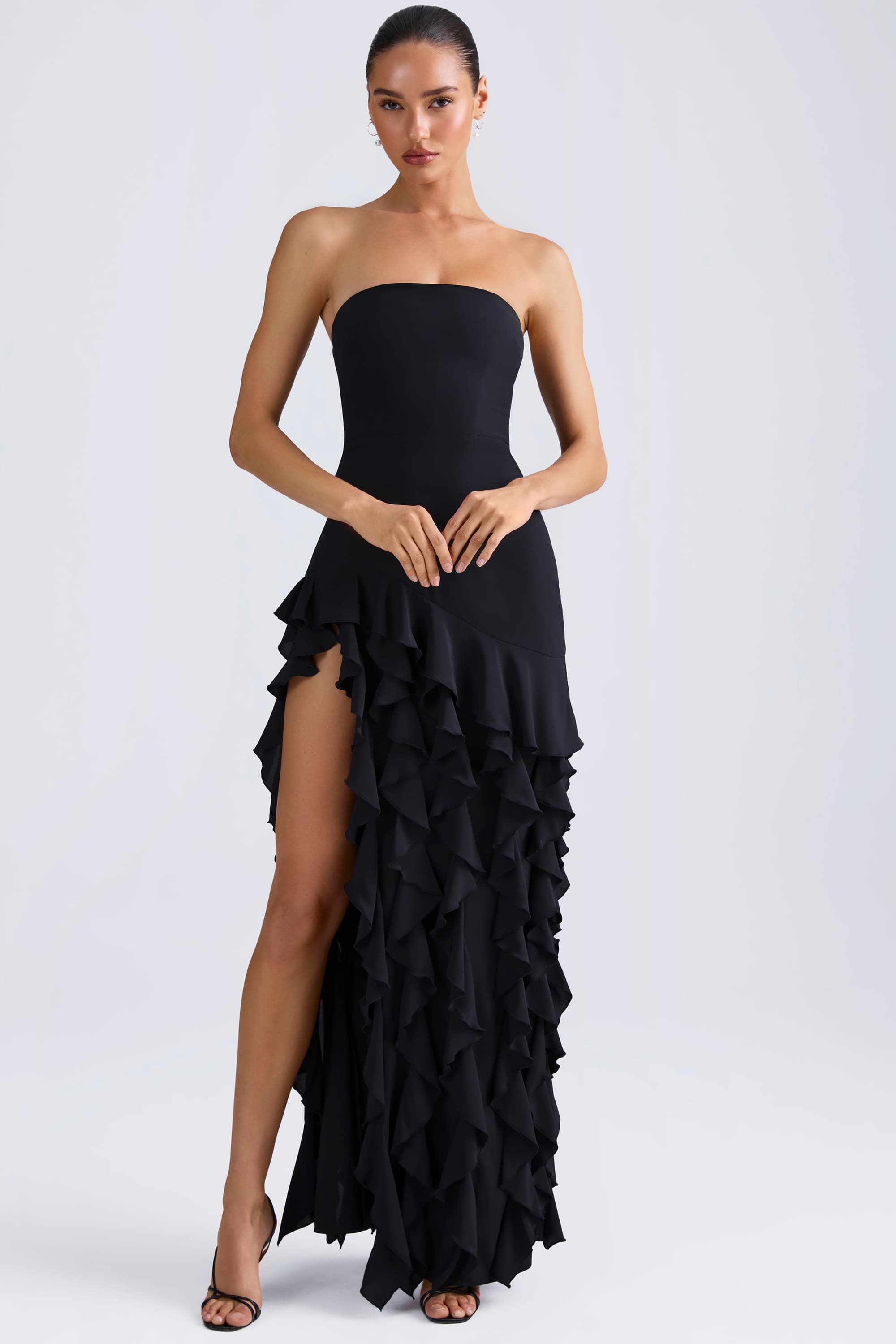 Diletta-Ruffle-Trim Strapless Gown in Black