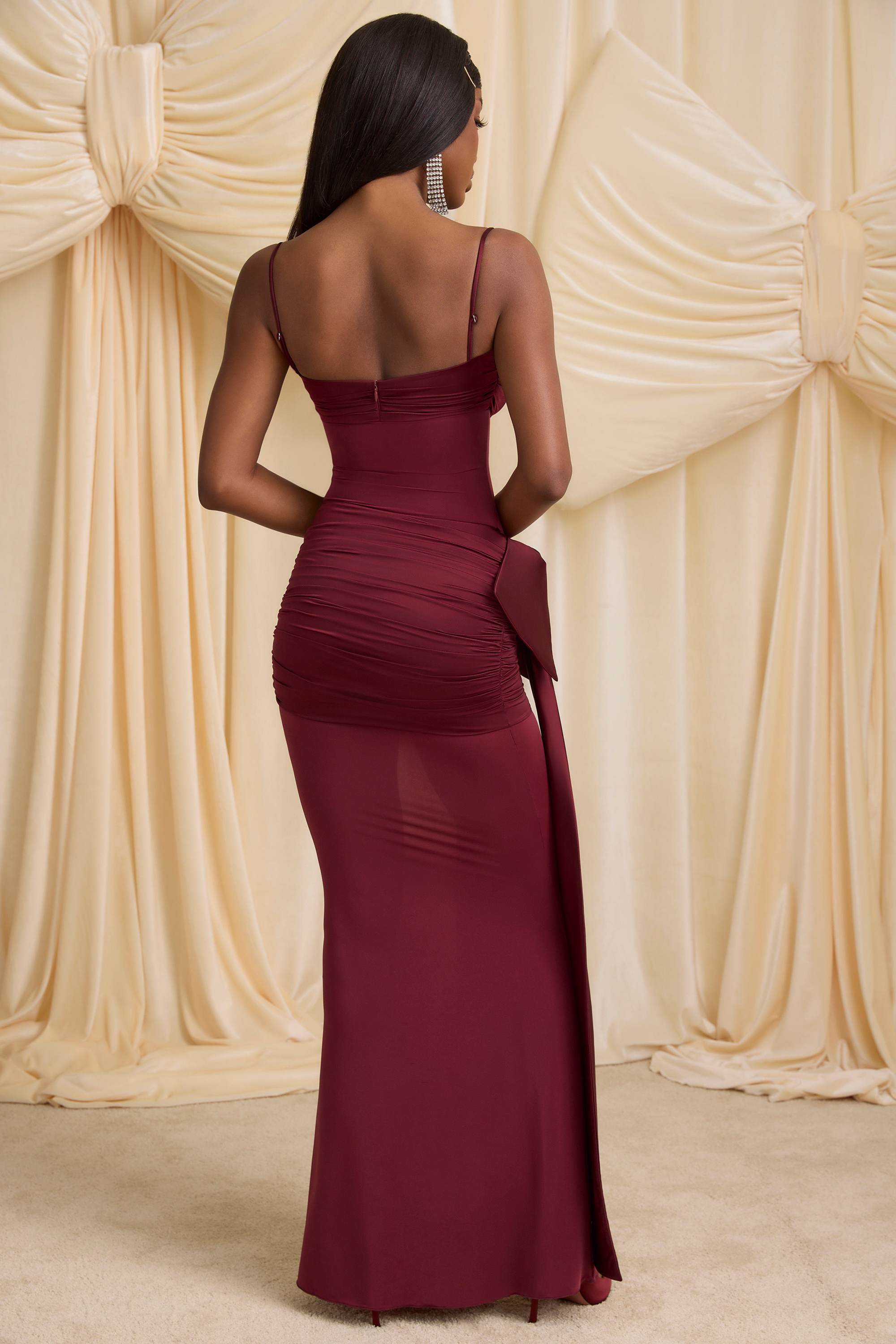 Laurelina-Bow-Detail Ruched Maxi Dress in Wine Red