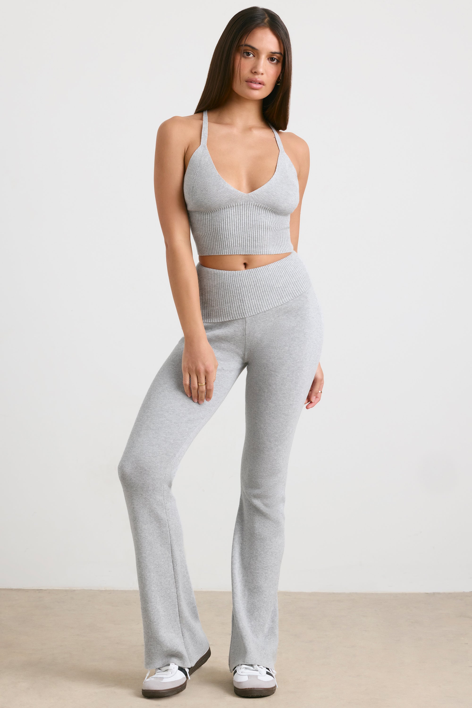 Fold Over Kick Flare Chunky Knit Trousers in Grey Marl
