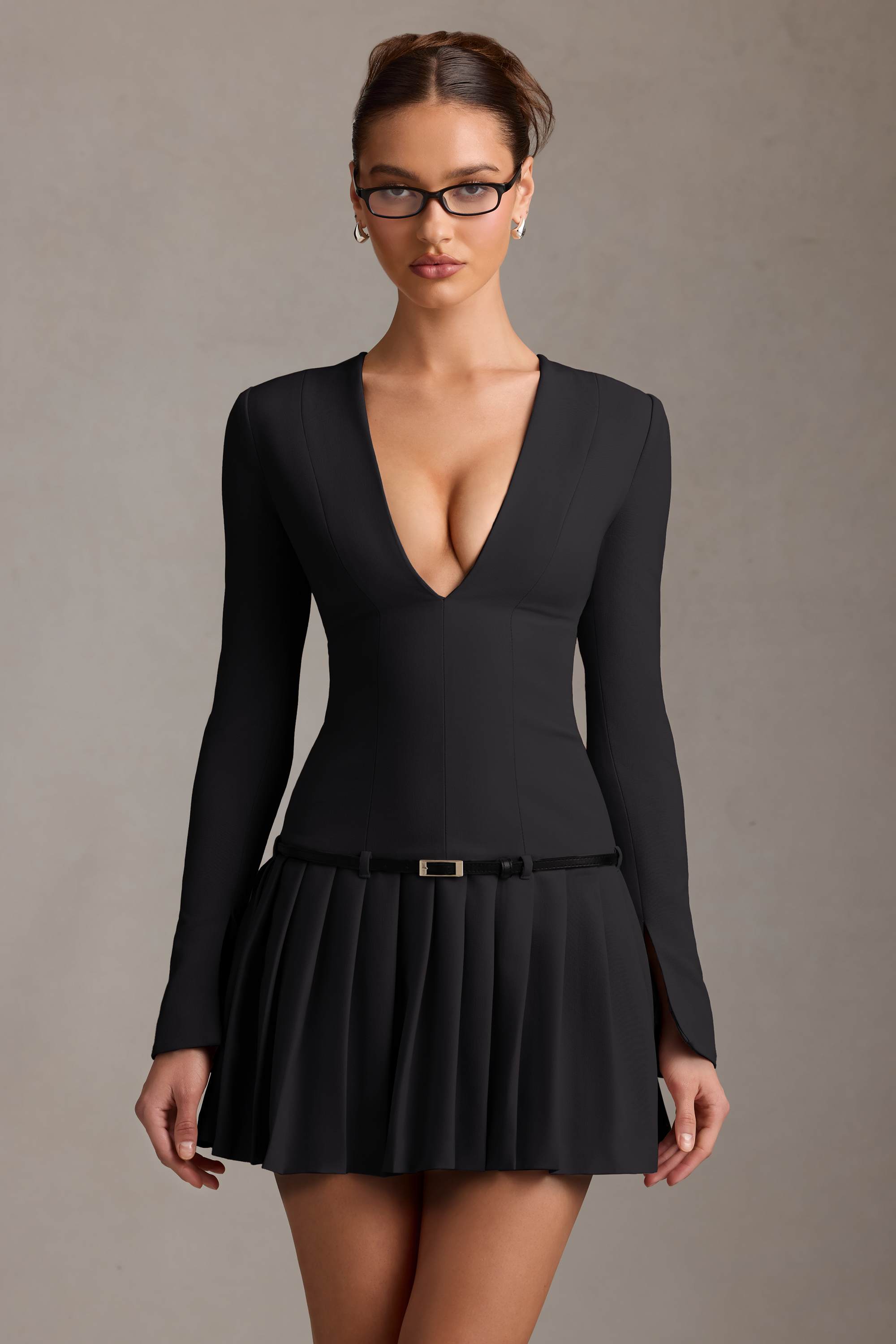 Fiorella-Long-Sleeve Pleated Mini Dress in Black