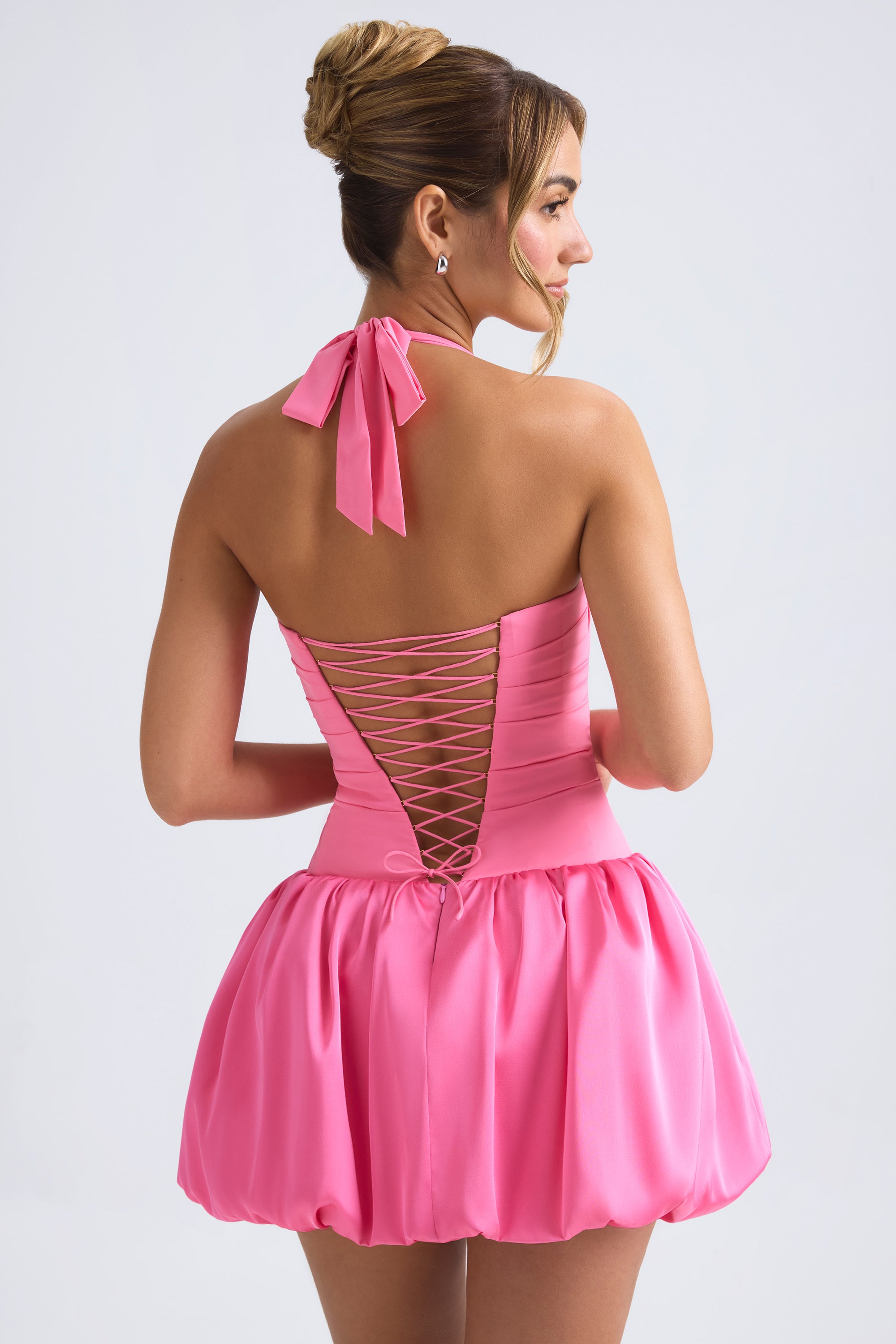 Ludmila-Halterneck Lace-Up Bubble Hem Corset Micro Mini Dress in Hot Pink