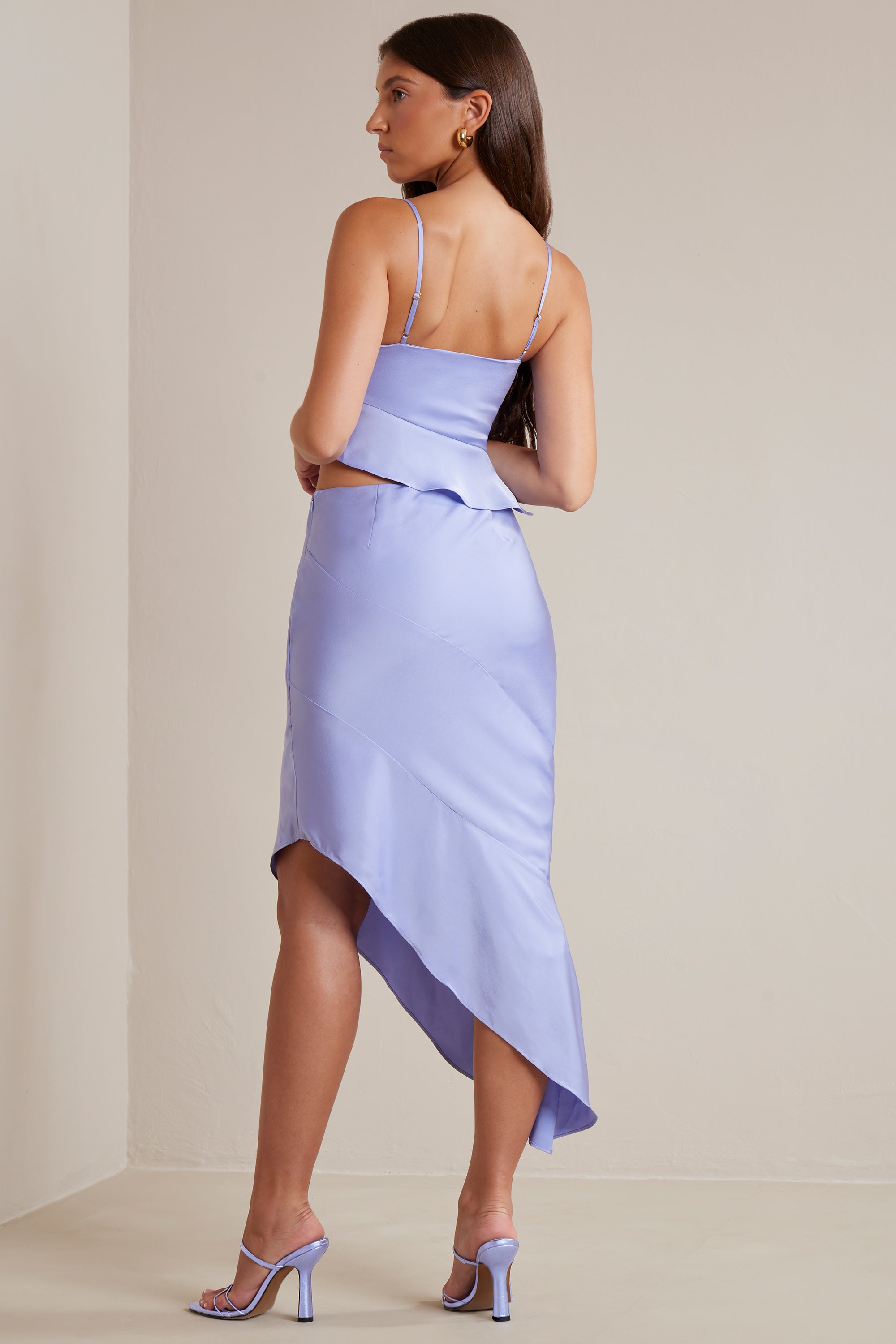 Vivica-Bias Cut Satin Asymmetric Maxi Skirt in Periwinkle